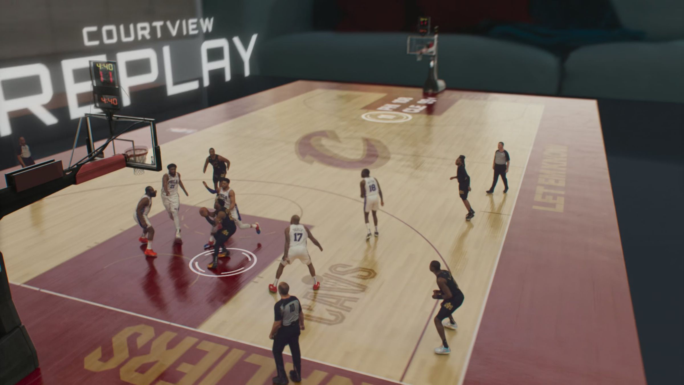 A screenshot of Disney’s presentation for the Vision Pro headset at WWDC, displaying how a basketball game might be watched on the platform.