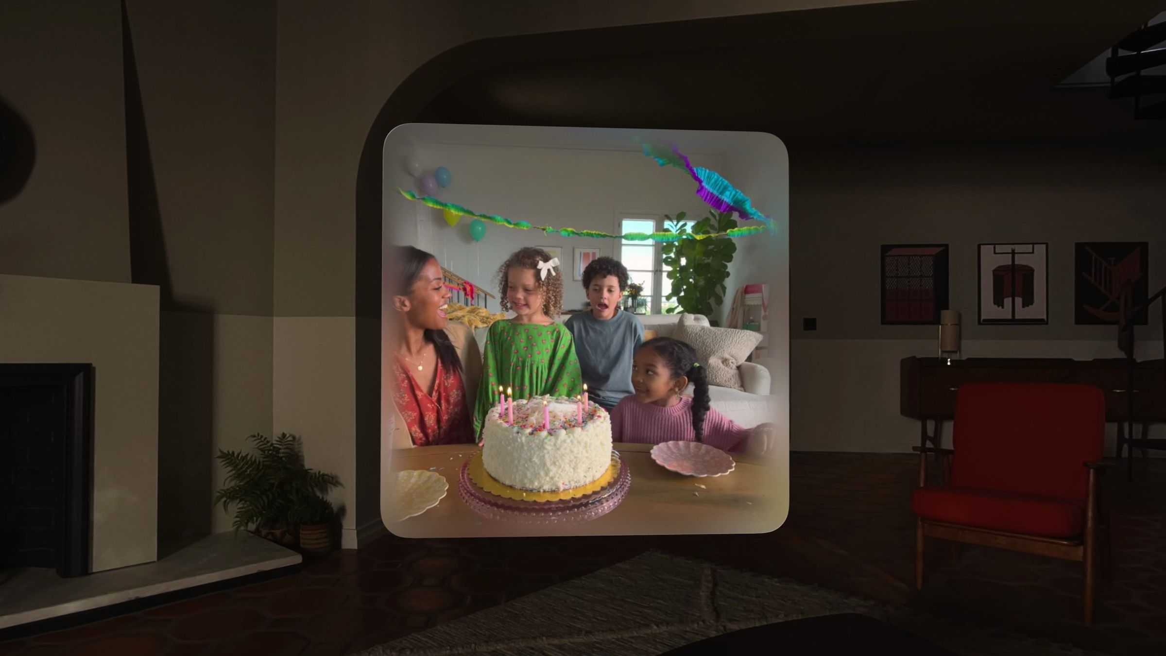 A 3D video of kids at a birthday party shot by Apple Vision Pro.