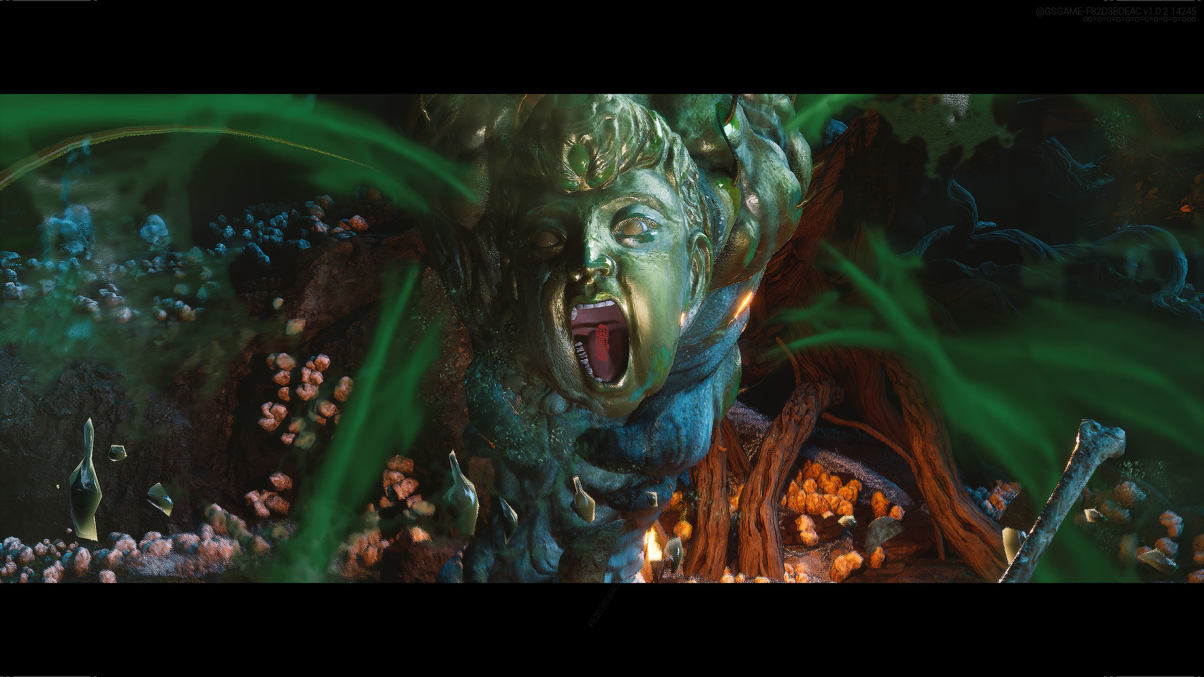 Screenshot from Black Myth: Wukong featuring a monster with green skin and a large head screaming violently.