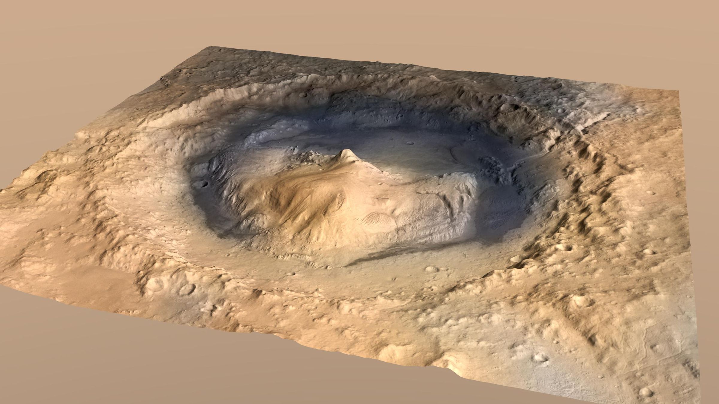 Gale Crater, where NASA’s Curiosity rover landed in 2012, contains a mountain called Mount Sharp rising from the crater floor.
