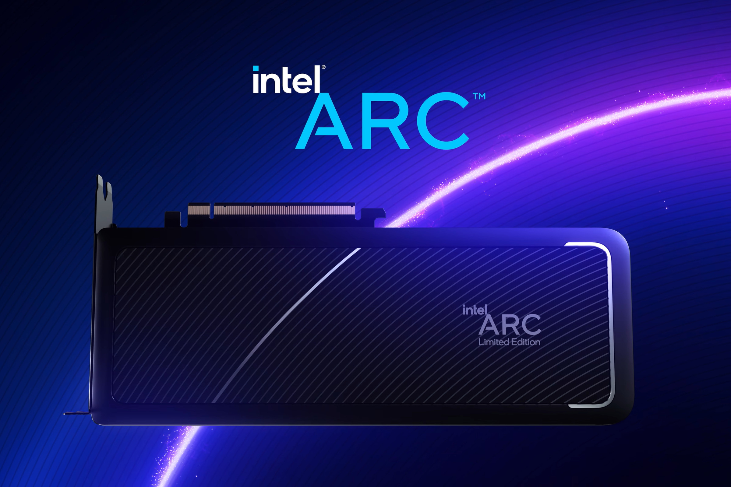 Product shot of one of Intel’s new Arc graphics cards with the text Intel Arc displayed