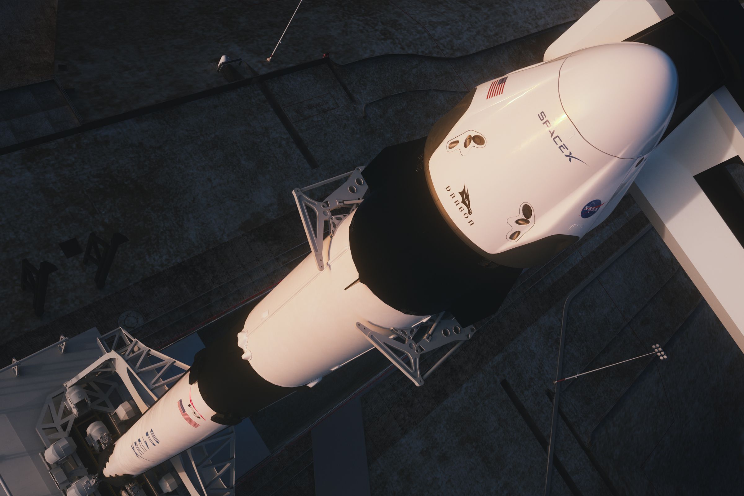 A rendering of SpaceX’s Crew Dragon on top of the Falcon 9 rocket