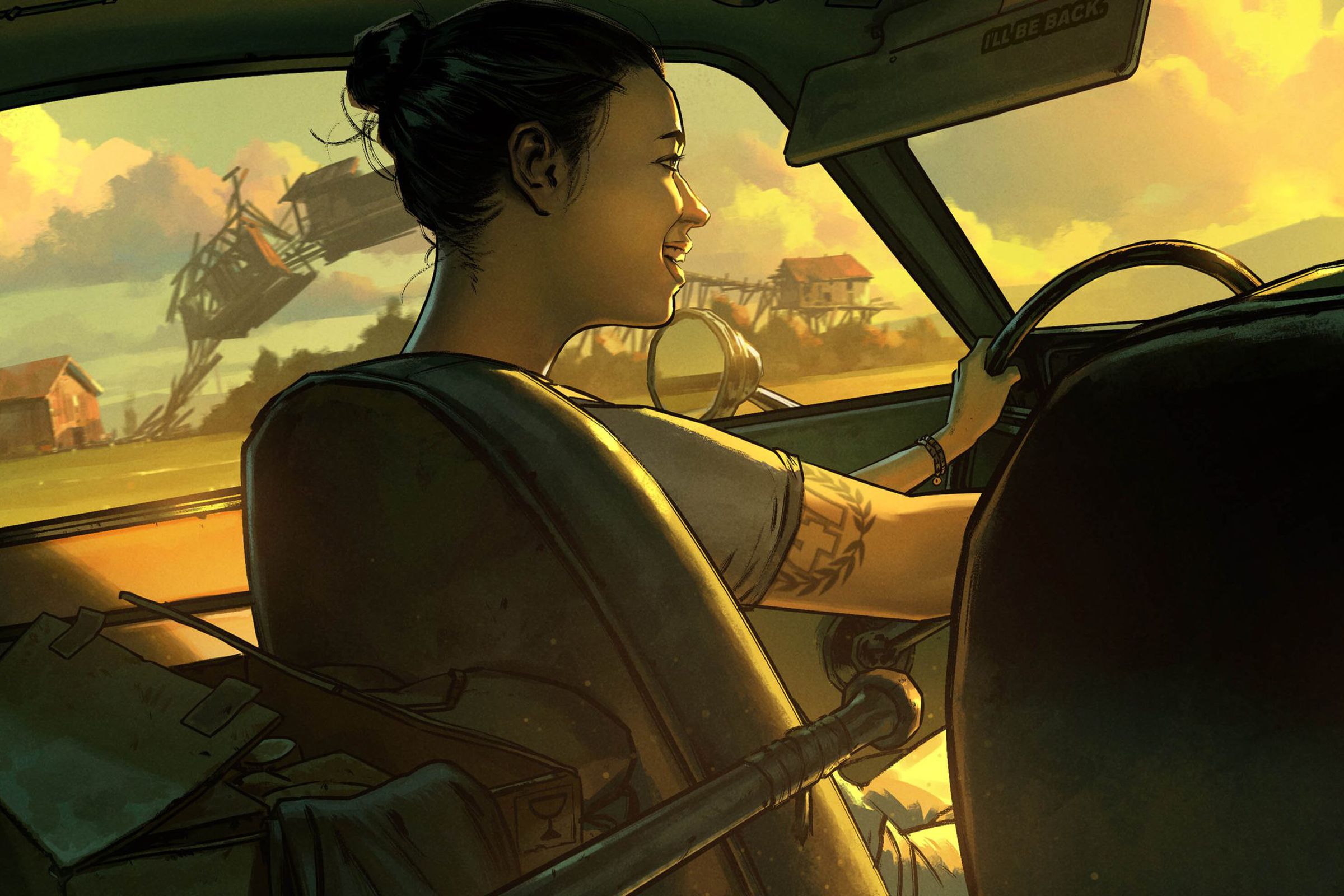 Key art from Blank’s new, as yet unnamed game featuring a woman with a tattoo smiling as she drives a car through what looks to be a desert.