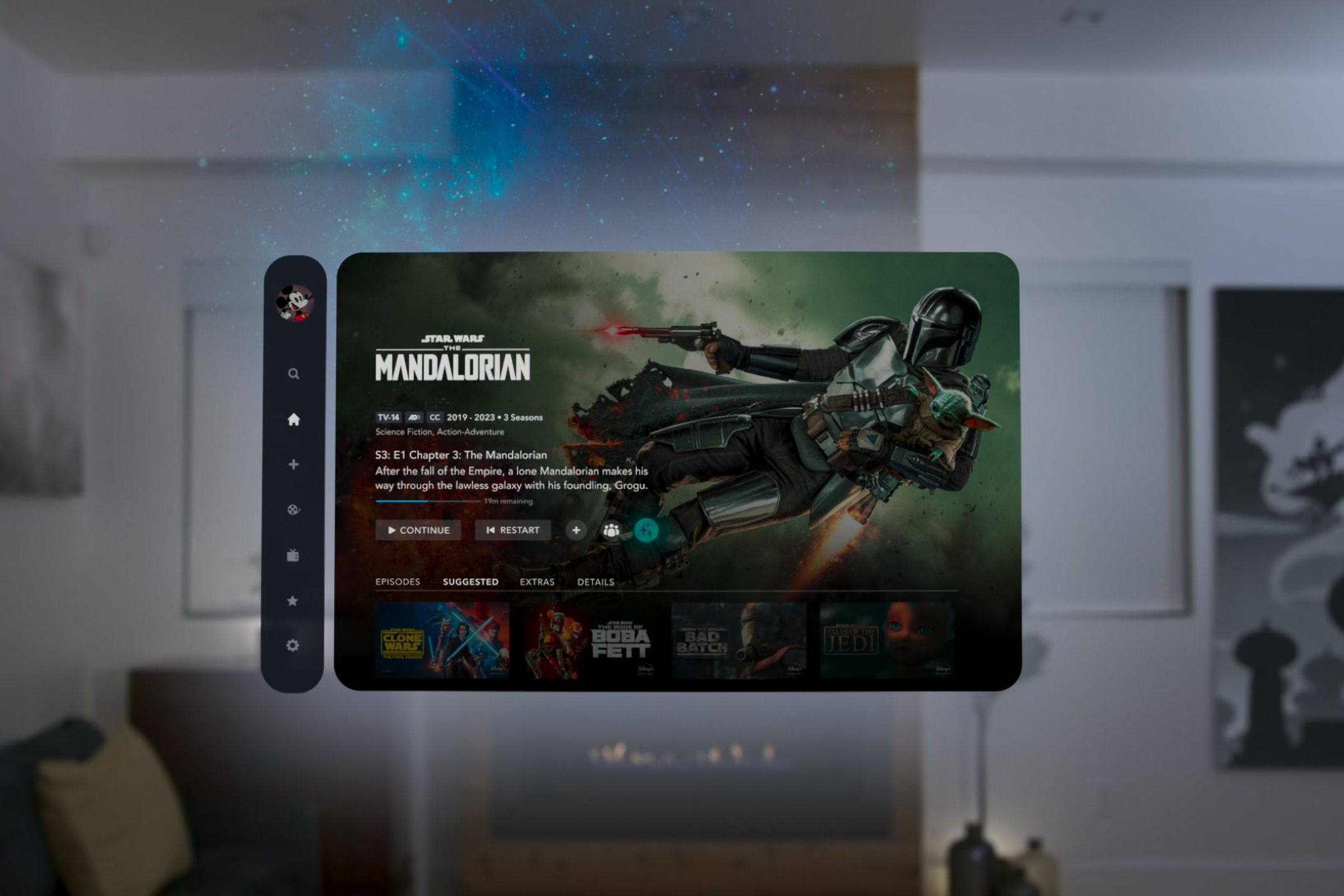 The Disney Plus streaming app as it will appear on the Apple Vision Pro VR headset.