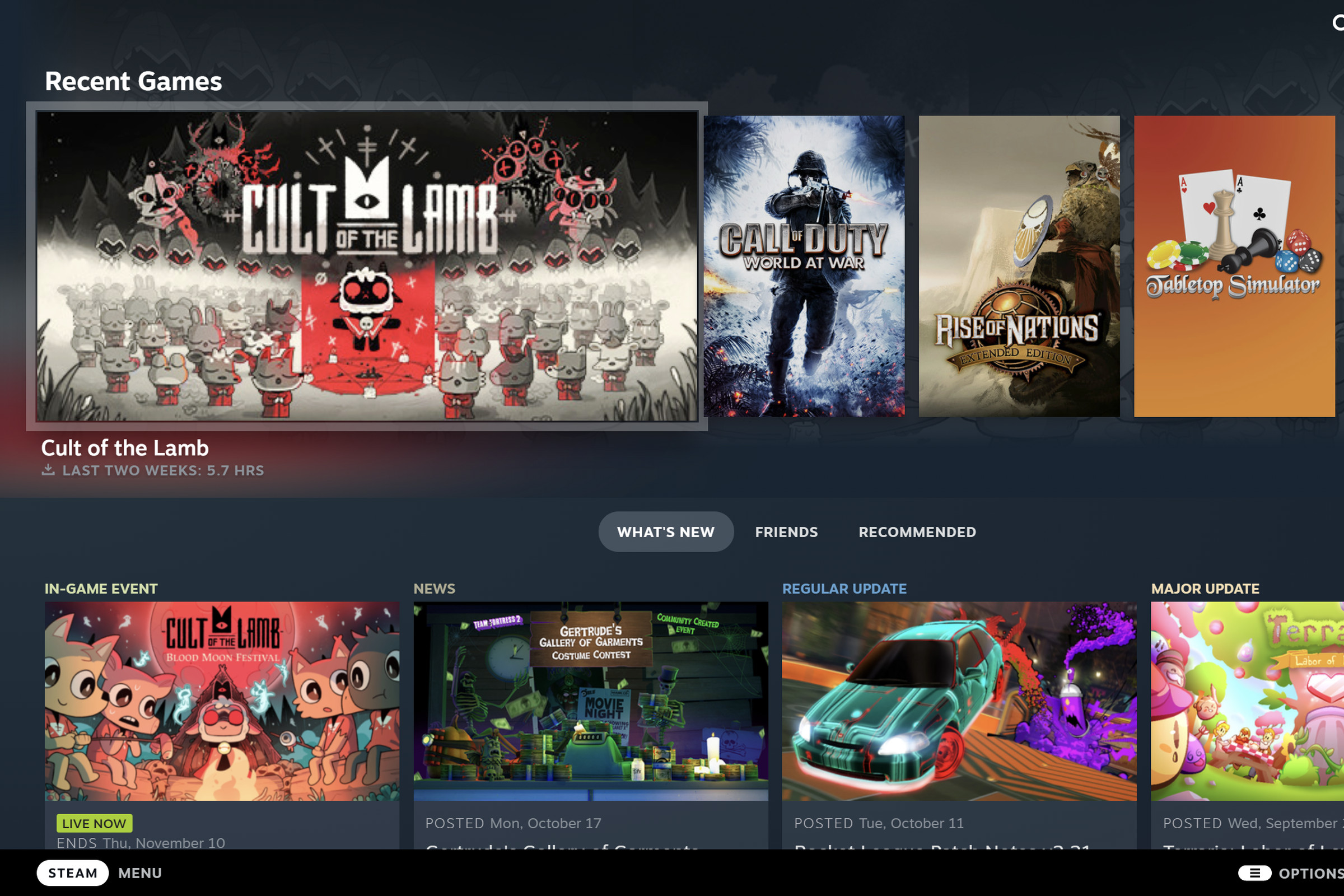 Screenshot of the updated Steam Big Picture mode’s homescreen.