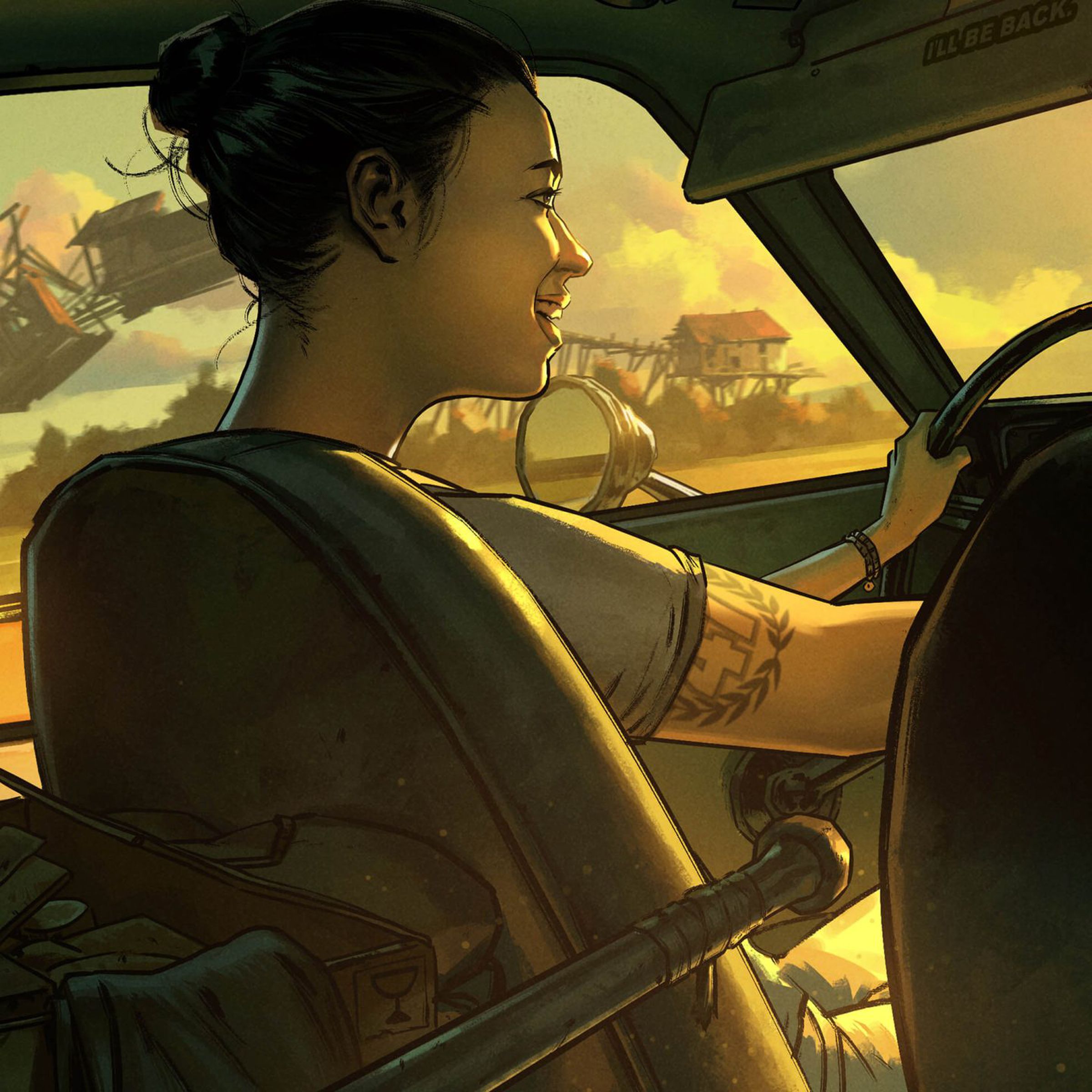 Key art from Blank’s new, as yet unnamed game featuring a woman with a tattoo smiling as she drives a car through what looks to be a desert.