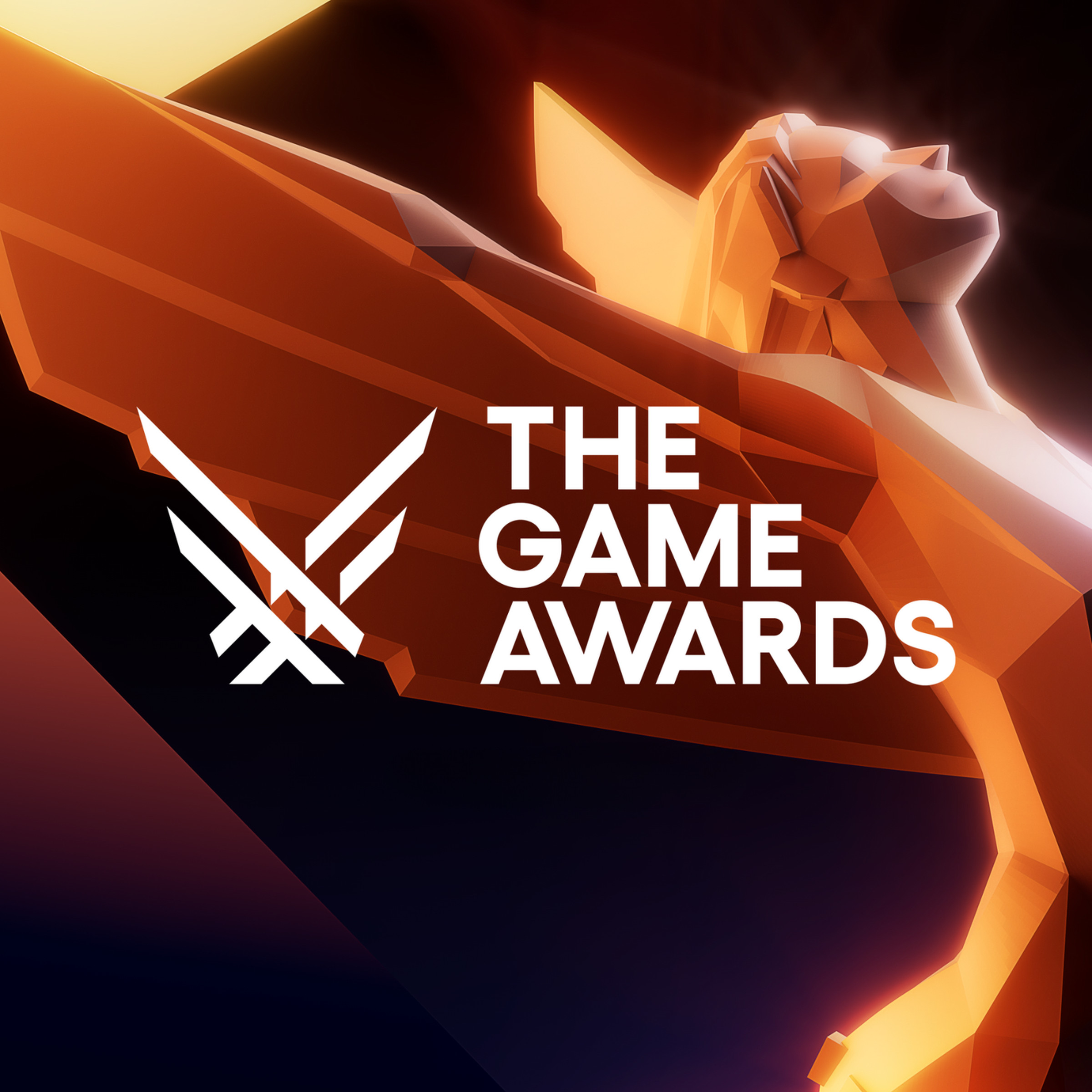 Graphic of The Game Awards trophy, a winged woman stretching her wings behind her head against a black and gold background.