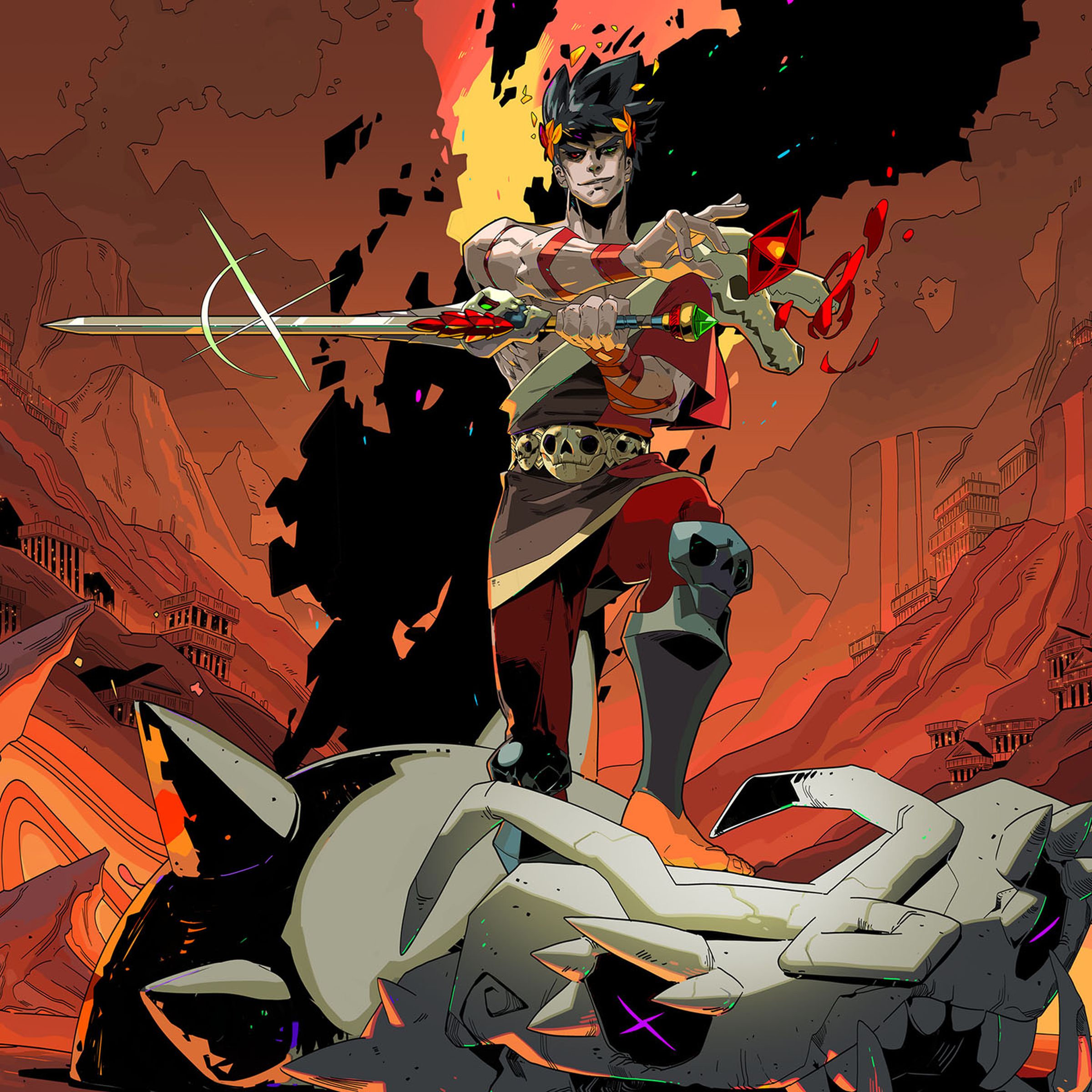 Key art for Hades featuring the Prince Zagreus standing on a hydra skull against a hellish background
