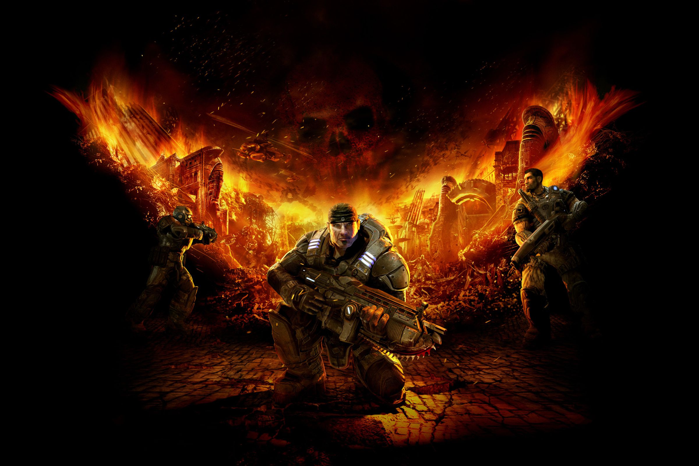 Promotional art featuring three Gears of War characters.