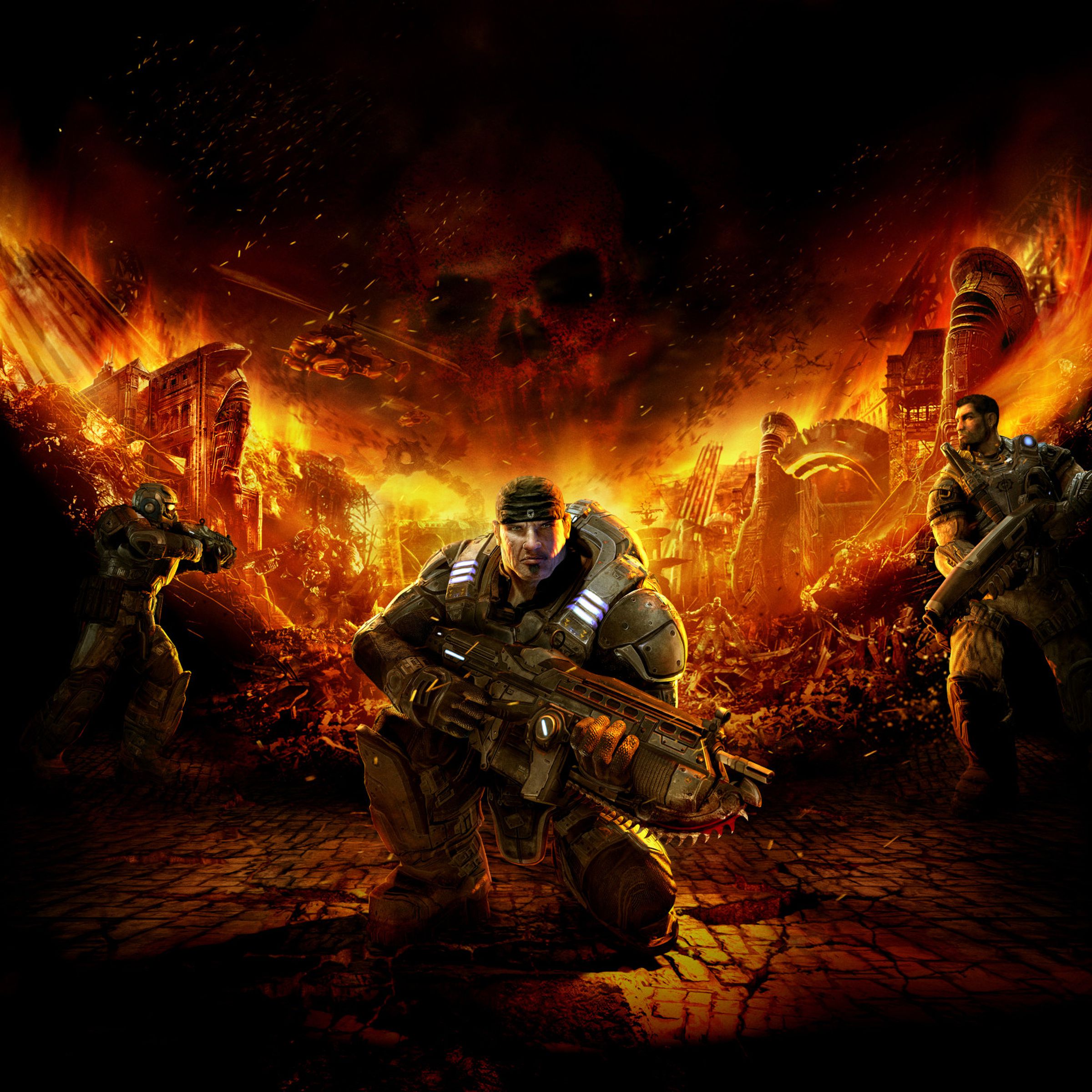 Promotional art featuring three Gears of War characters.