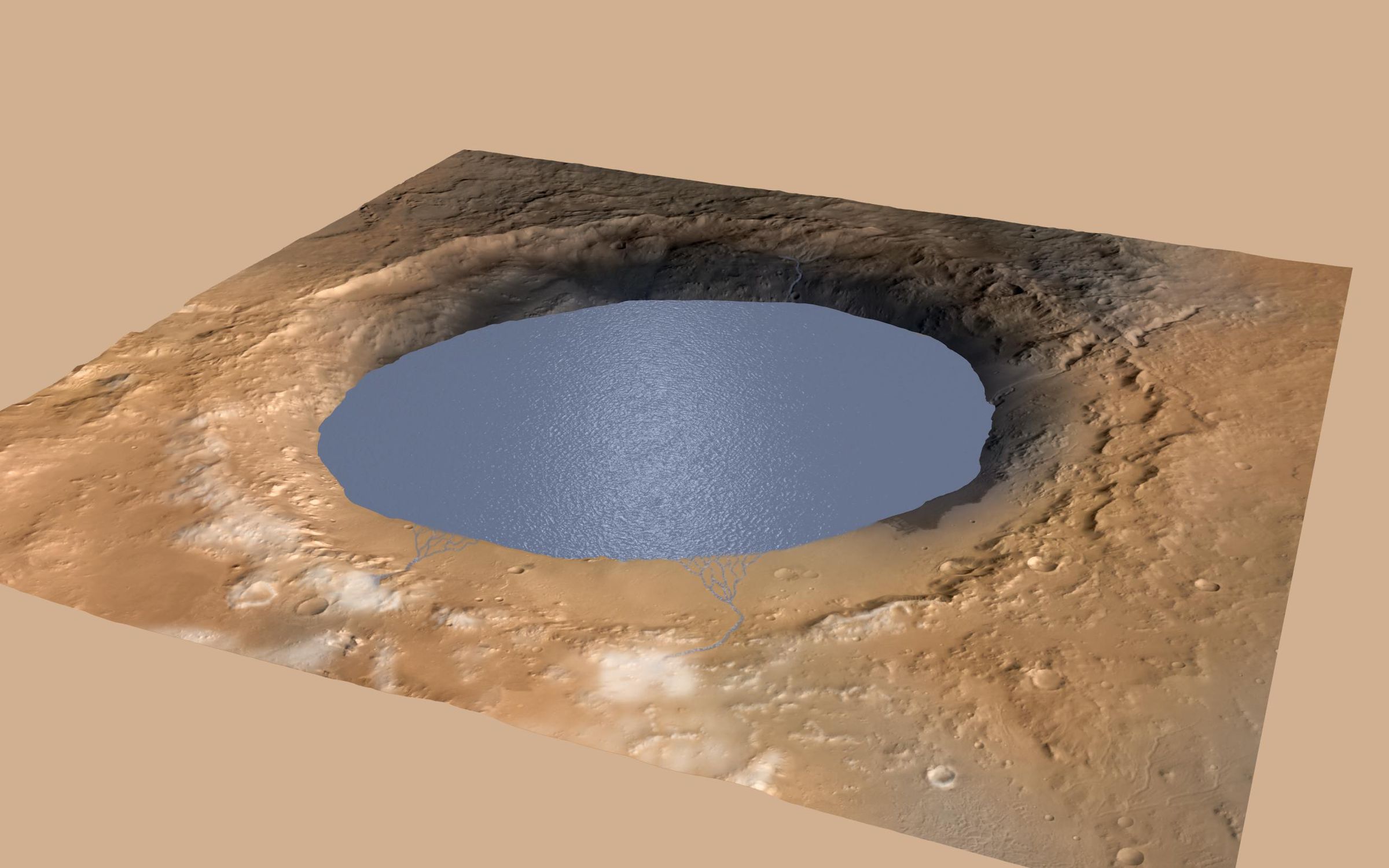 A simulation depicts a lake partially filling Mars Gale Crater.