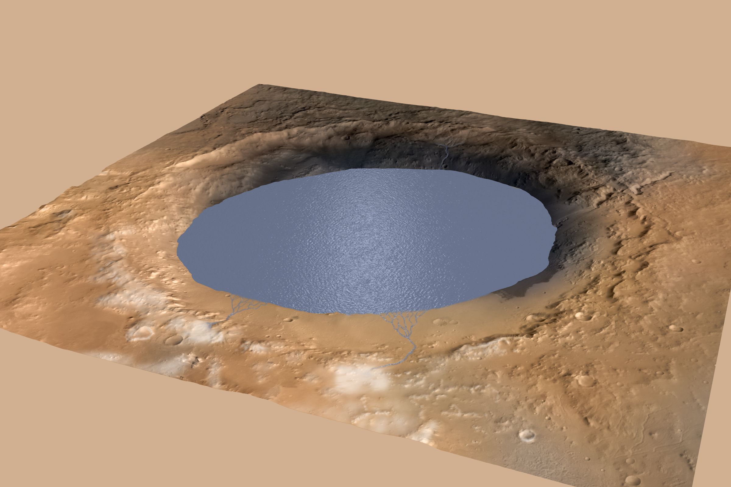 A rendering of the lake that used to be in Mars’ Gale Crater.