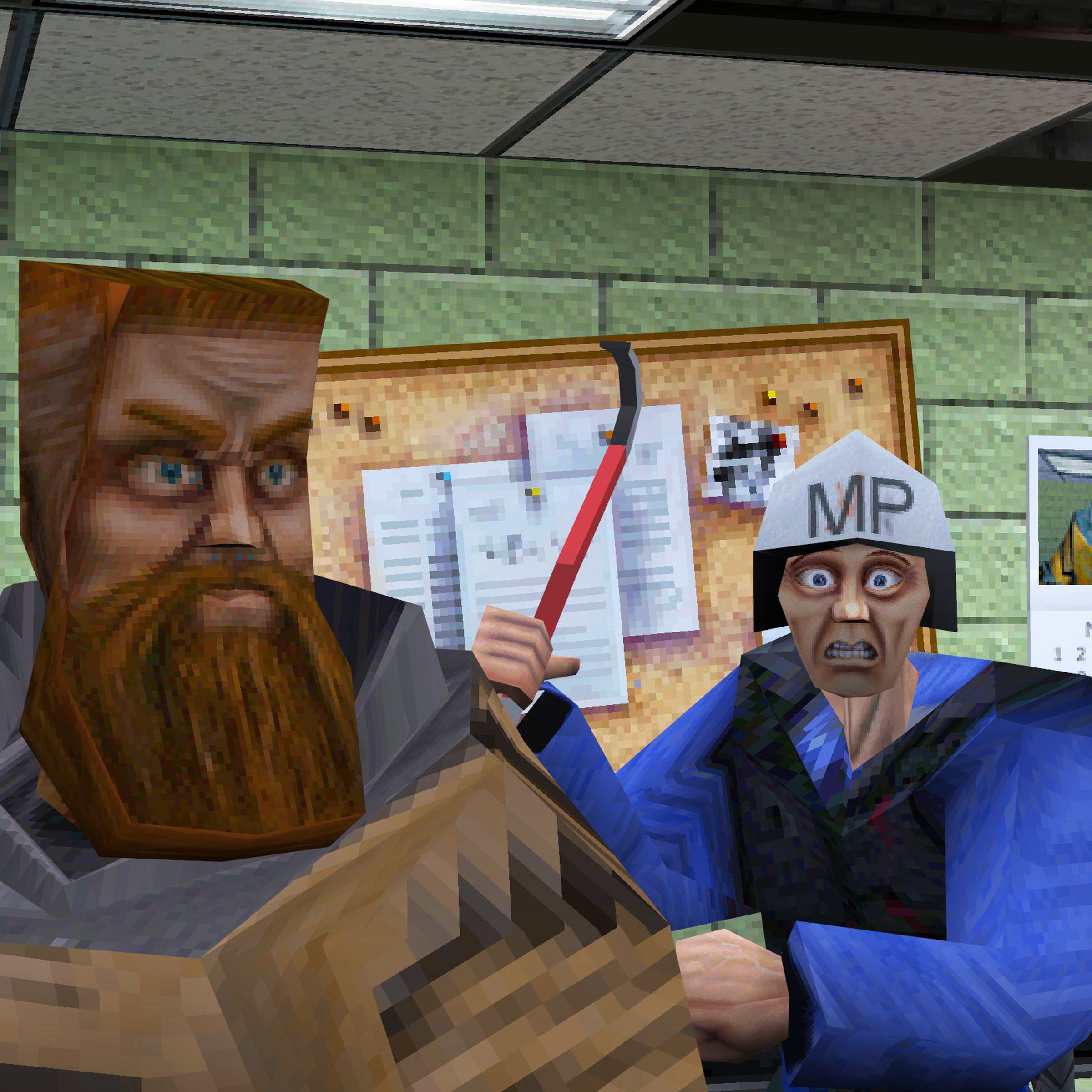 A screenshot from Half-Life featuring Ivan the Space Biker and Proto-Barney.