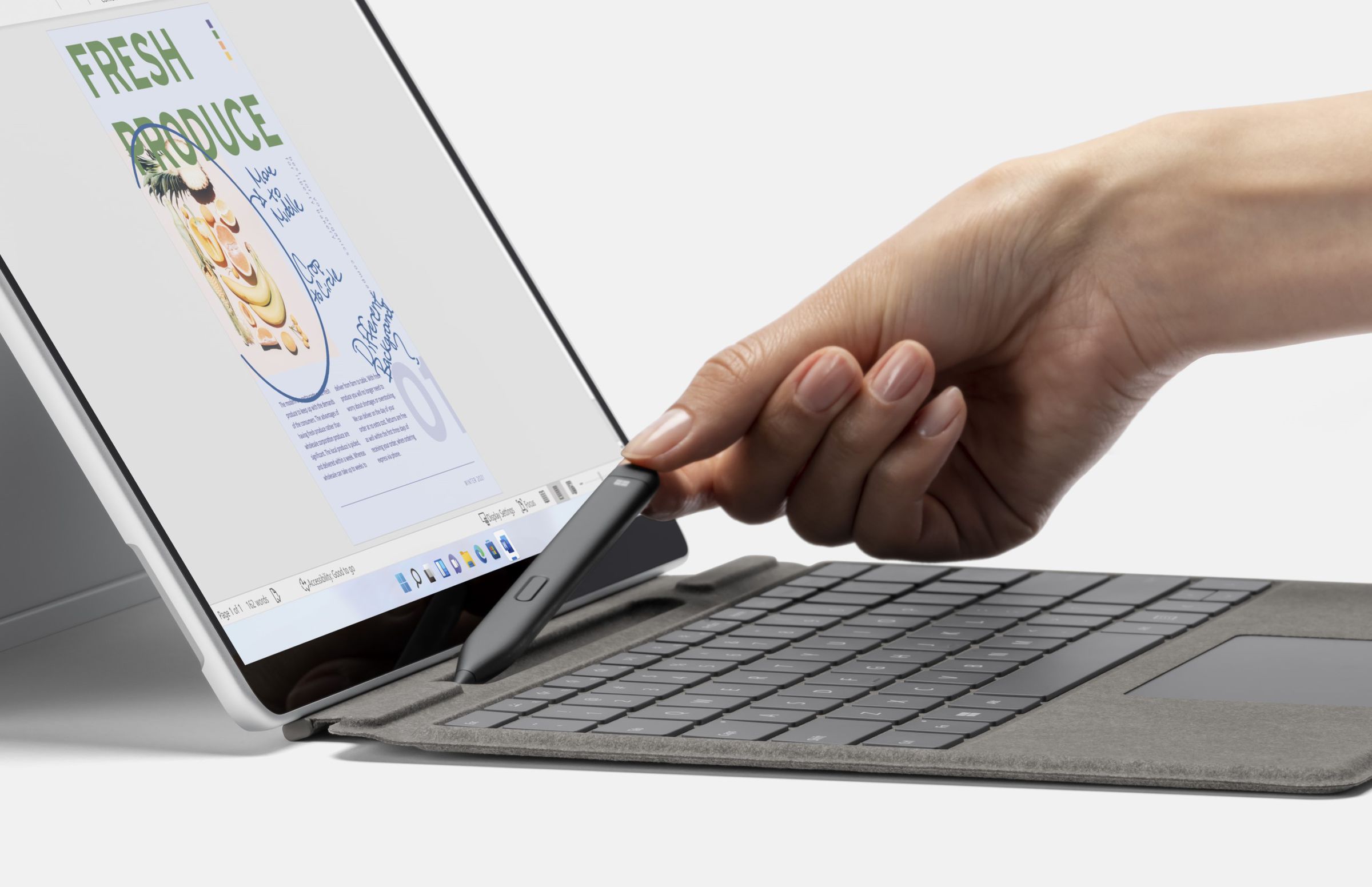 The Surface Pro 8 keyboard houses the new Surface Slim Pen 2.