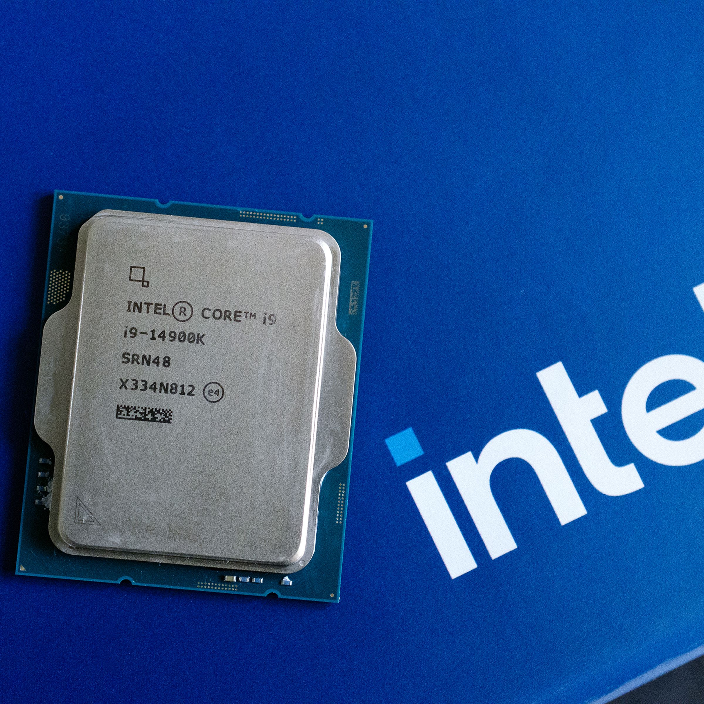 Intel’s Core i9-14900K sitting on a blue Intel box