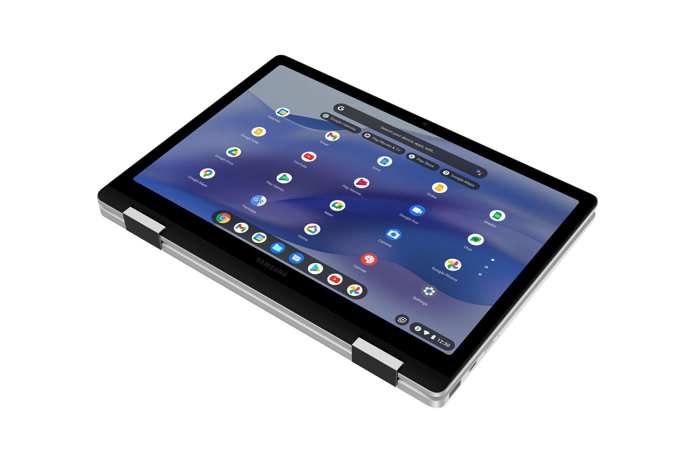 The Samsung Galaxy Chromebook 2 360 in tablet mode on a white background. The screen displays the Chrome OS launcher on a blue background.