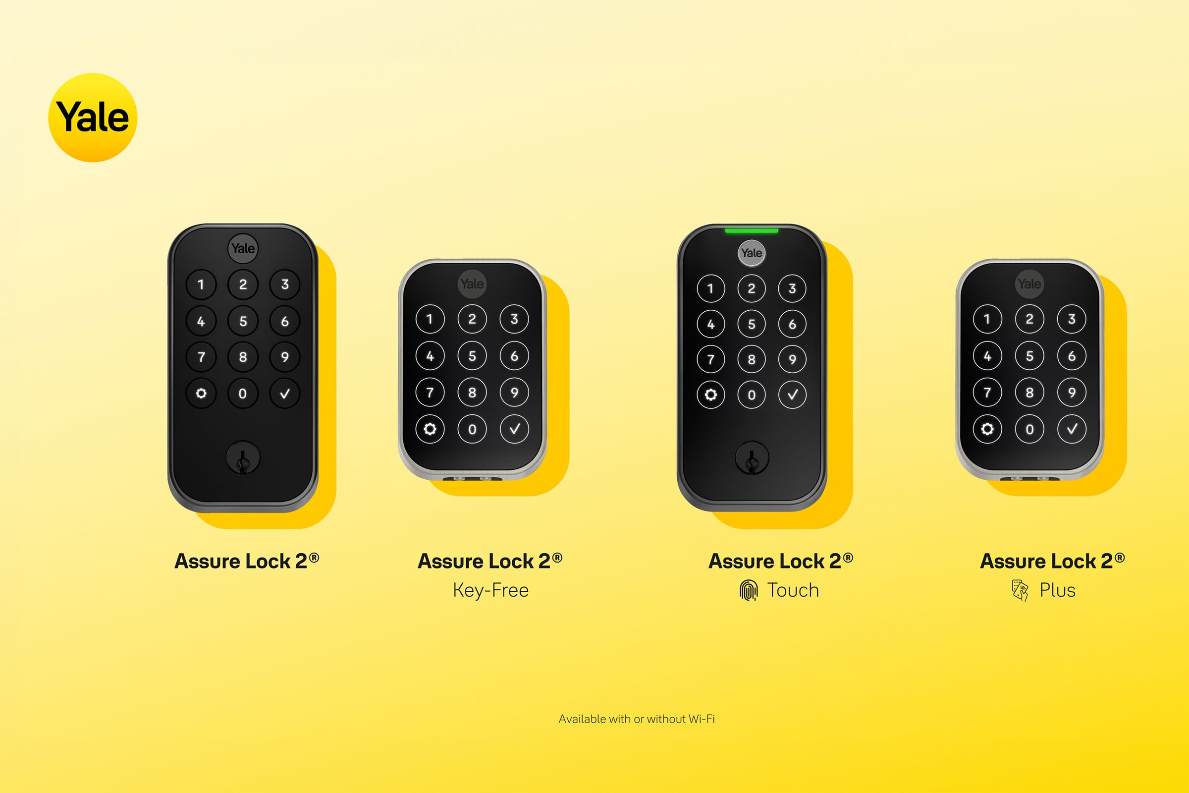 Lineup of Yale Assure Lock 2: keyed, unkeyed, fingerprint (keyed), and Apple HomeKey (unkeyed) on a yellow background.