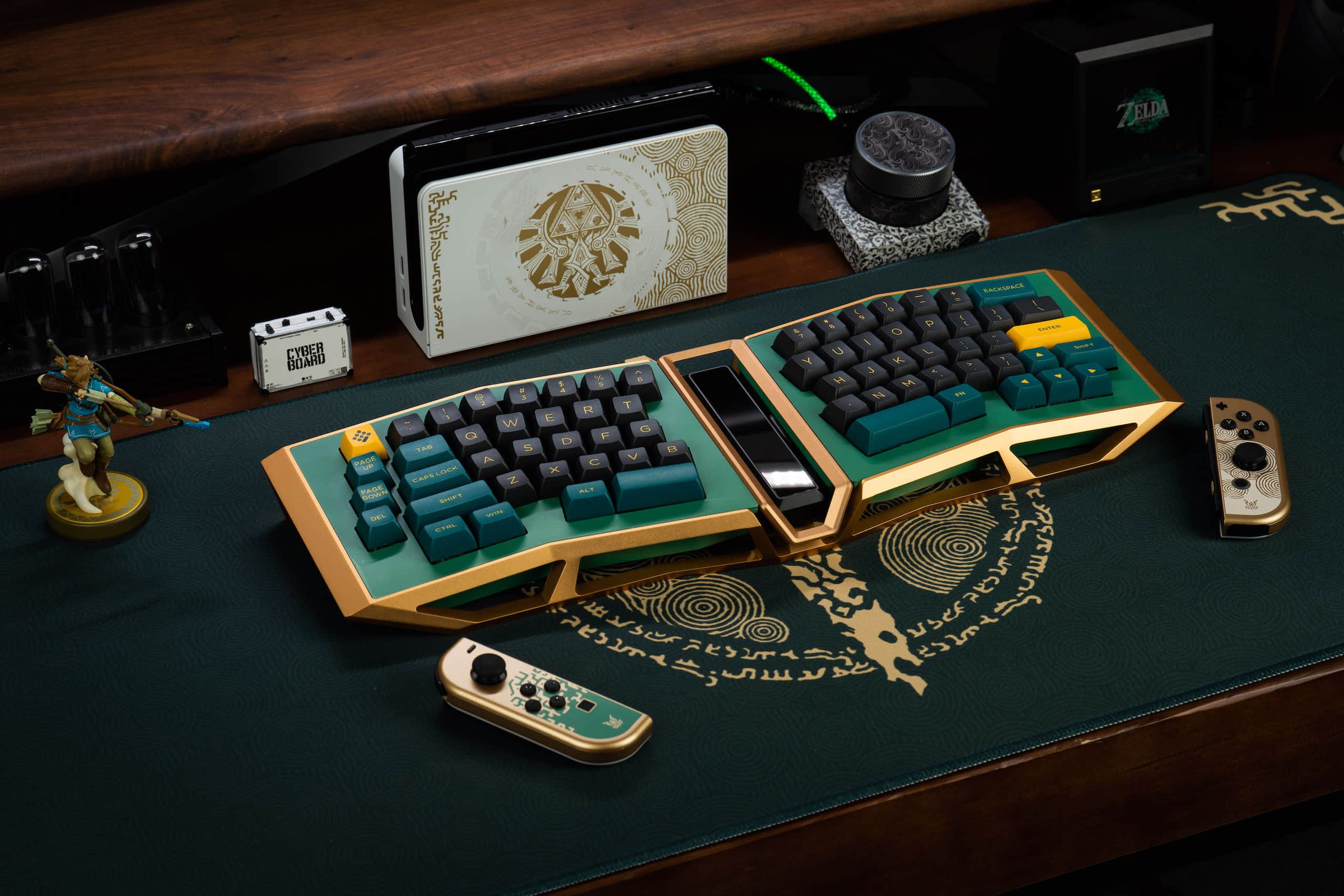 An Angry Miao AM AFA mechanical keyboard in a colorway themed after The Legend of Zelda: Tears of the Kingdom, sitting on a desk setup with a Zelda aesthetic.