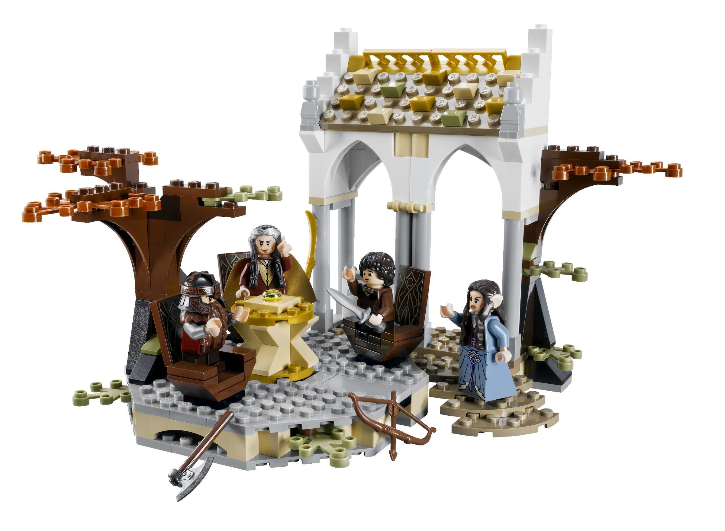 Image of Lego Gimli, Elrond, Frodo, and Arwen sitting in an unimpressive courtyard.