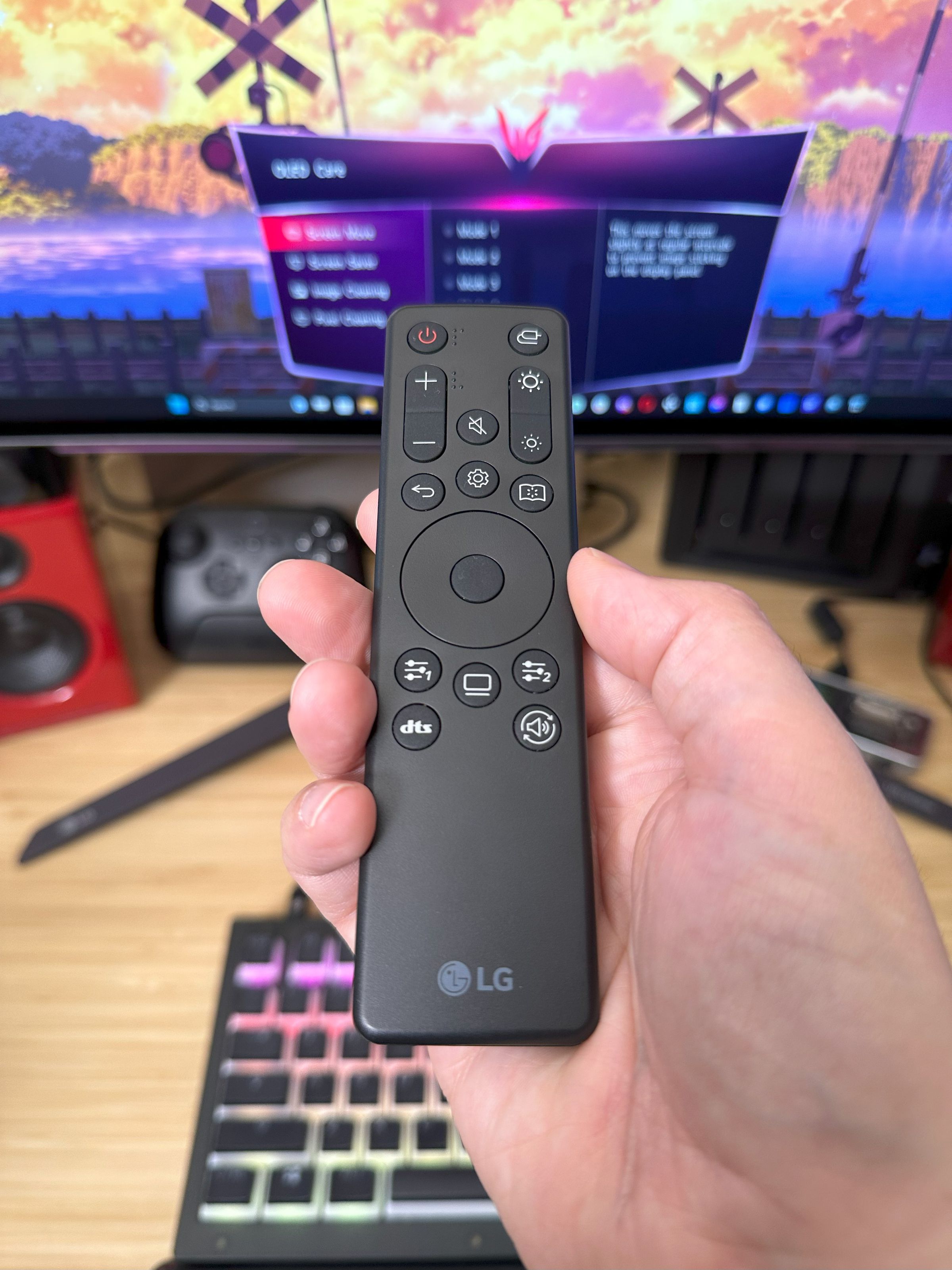 The bundled remote. The DTS button is for the monitor’s headphone jack, though the screen also has an optical audio output for your HDMI video sources.