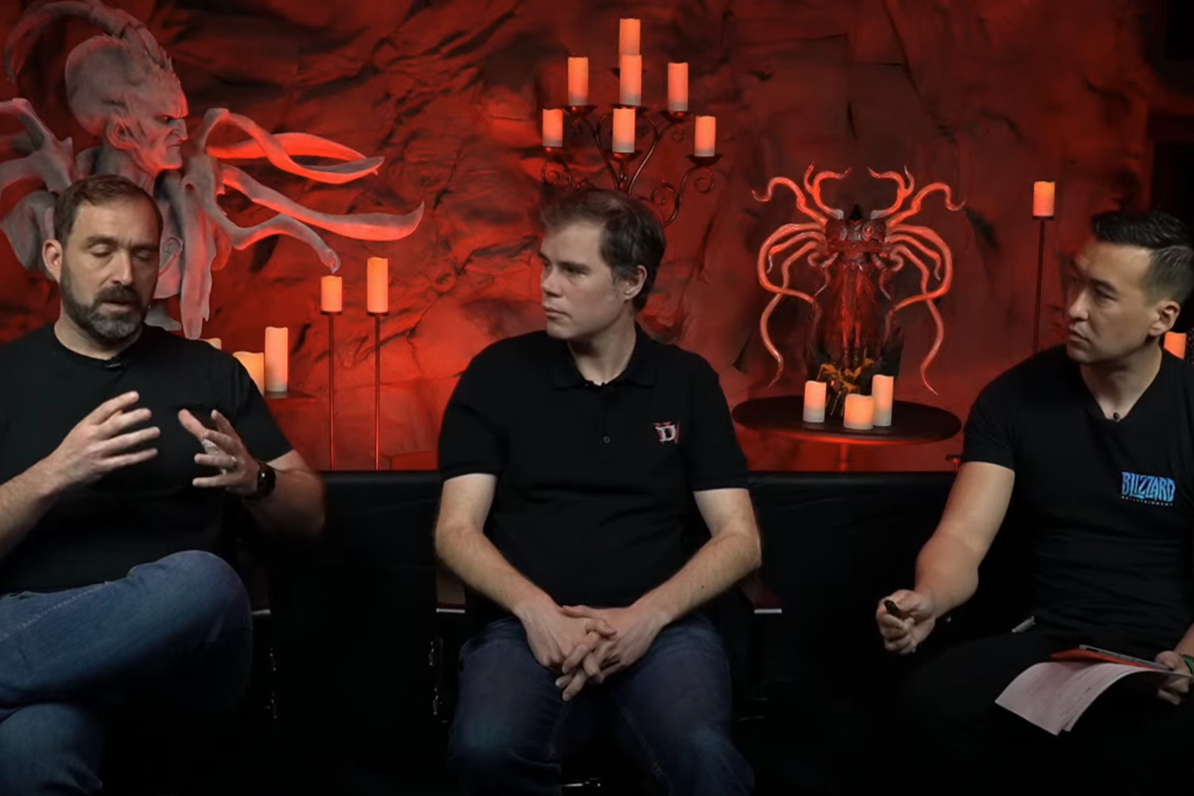 Diablo IV associate director Joe Piepiora, game director Joe Shely, and community chief Adam Fletcher