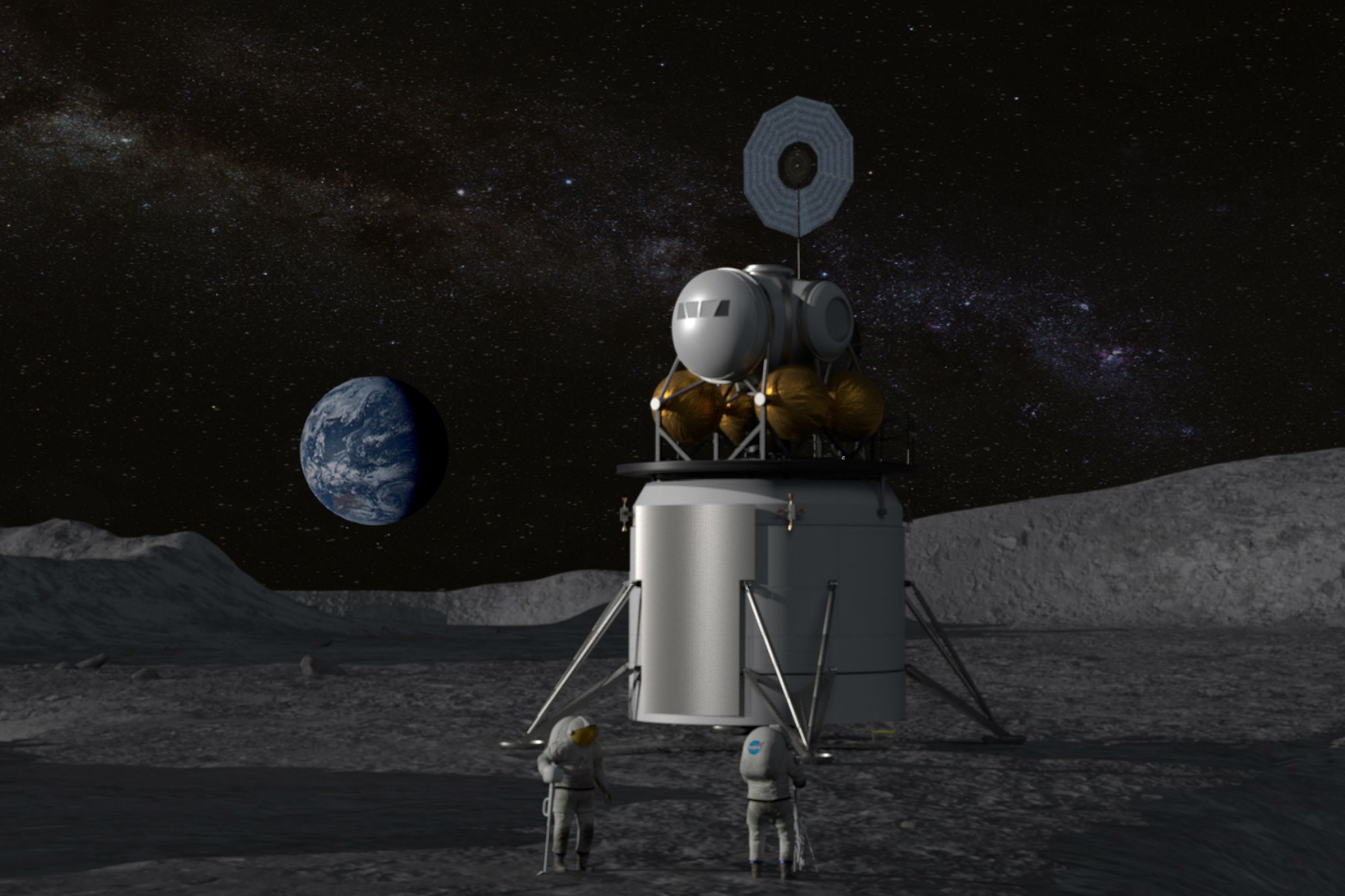 An artistic rendering of a lunar lander on the surface of the Moon.