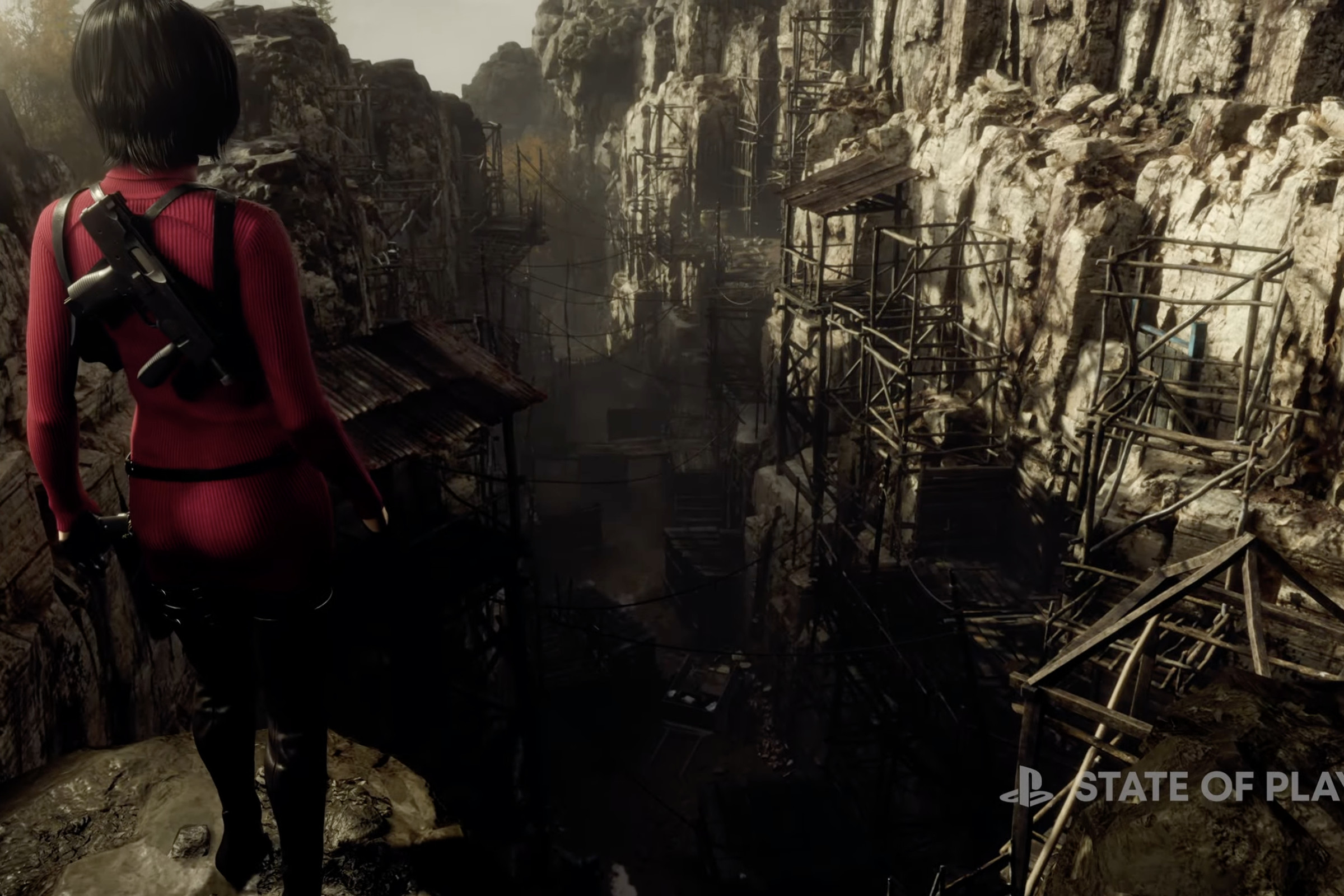A screenshot from Resident Evil 4’s Separate Ways DLC, showing Ada Wong standing over a cliff.