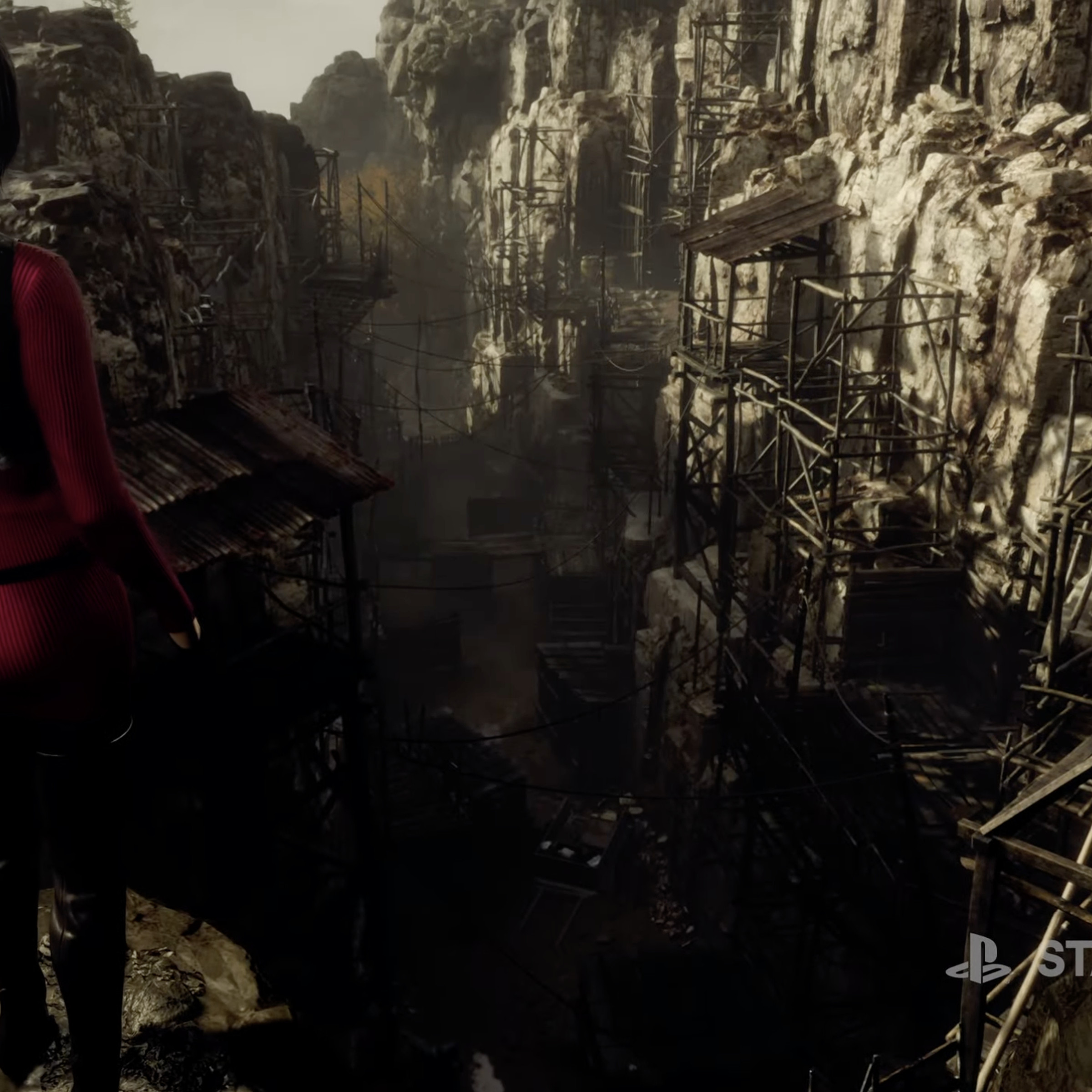 A screenshot from Resident Evil 4’s Separate Ways DLC, showing Ada Wong standing over a cliff.