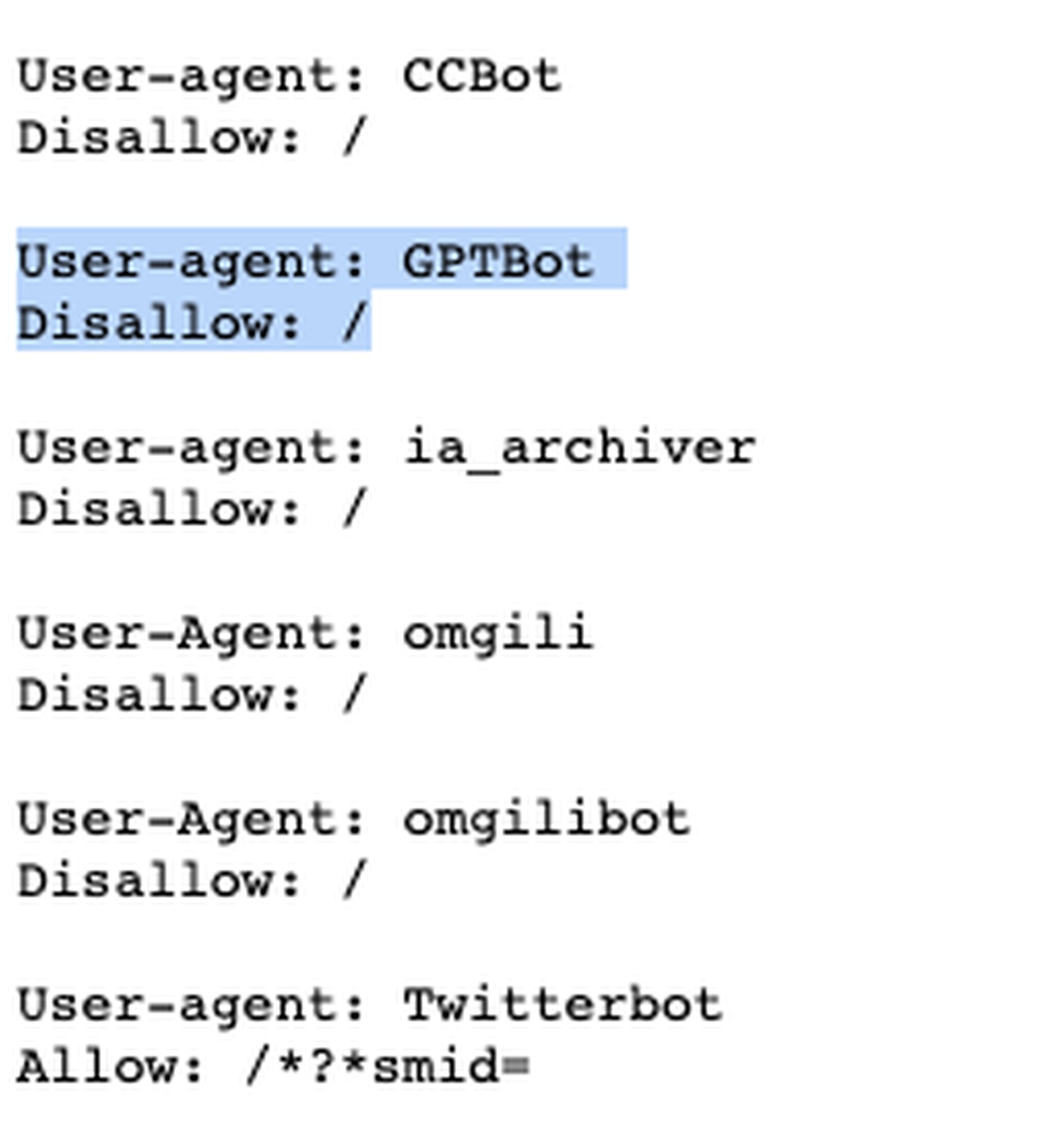 A screenshot of the NYT’s robots.txt showing that the company has disallowed GPTBot.