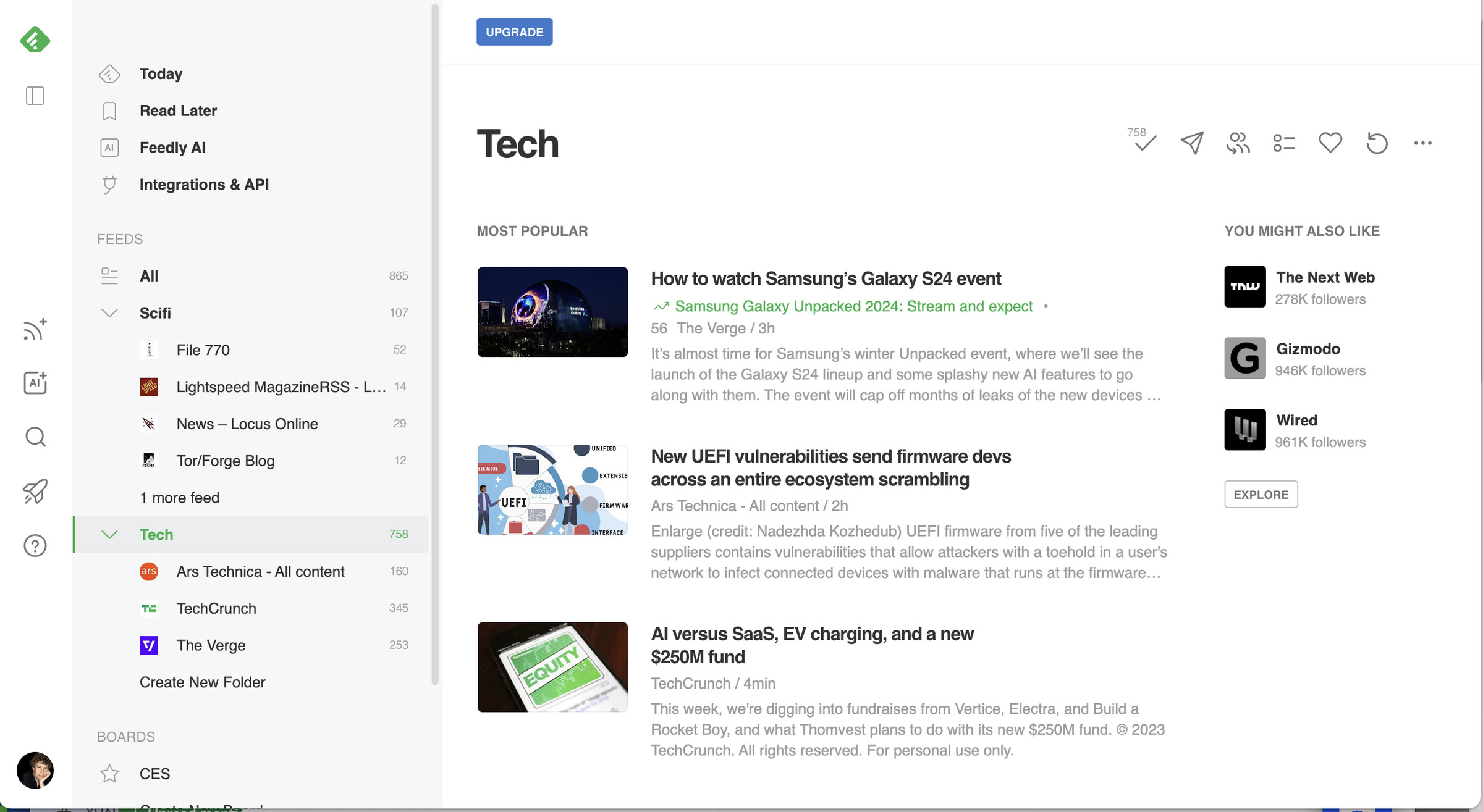 Feedly page for Tech feeds.