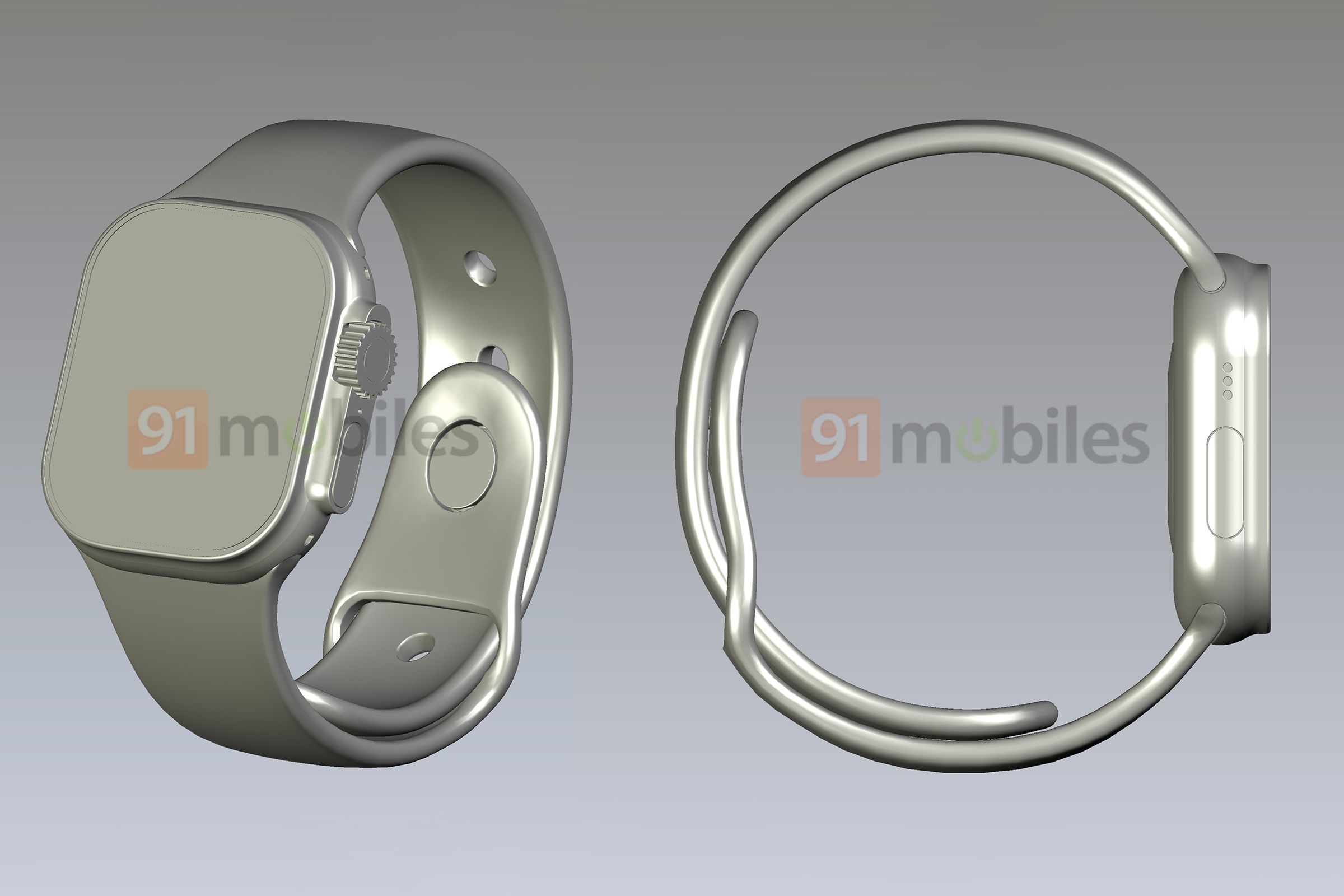 Apple Watch Pro CAD drawings showing protected Digital Crown and new button on left.