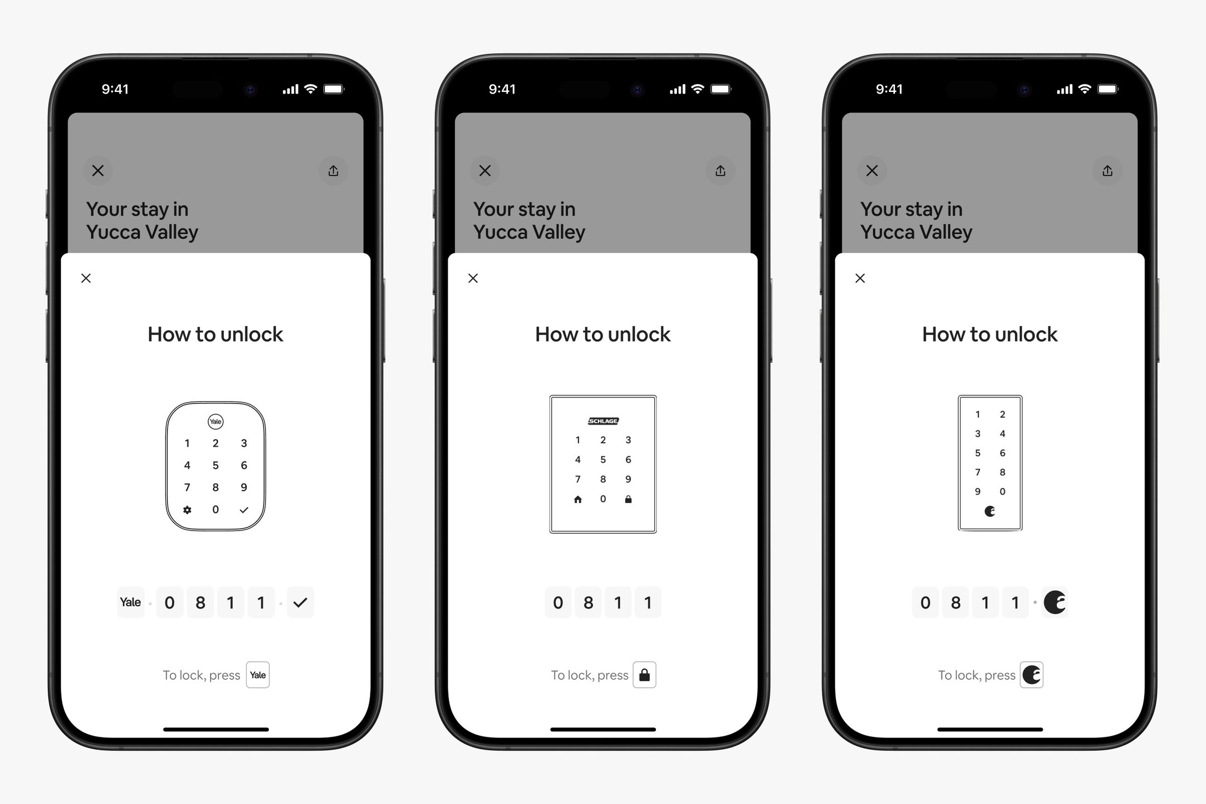 Three phone illustrations with Airbnb app showing “how to unlock” screens for different smart locks and instructions on how to enter the unlock code.