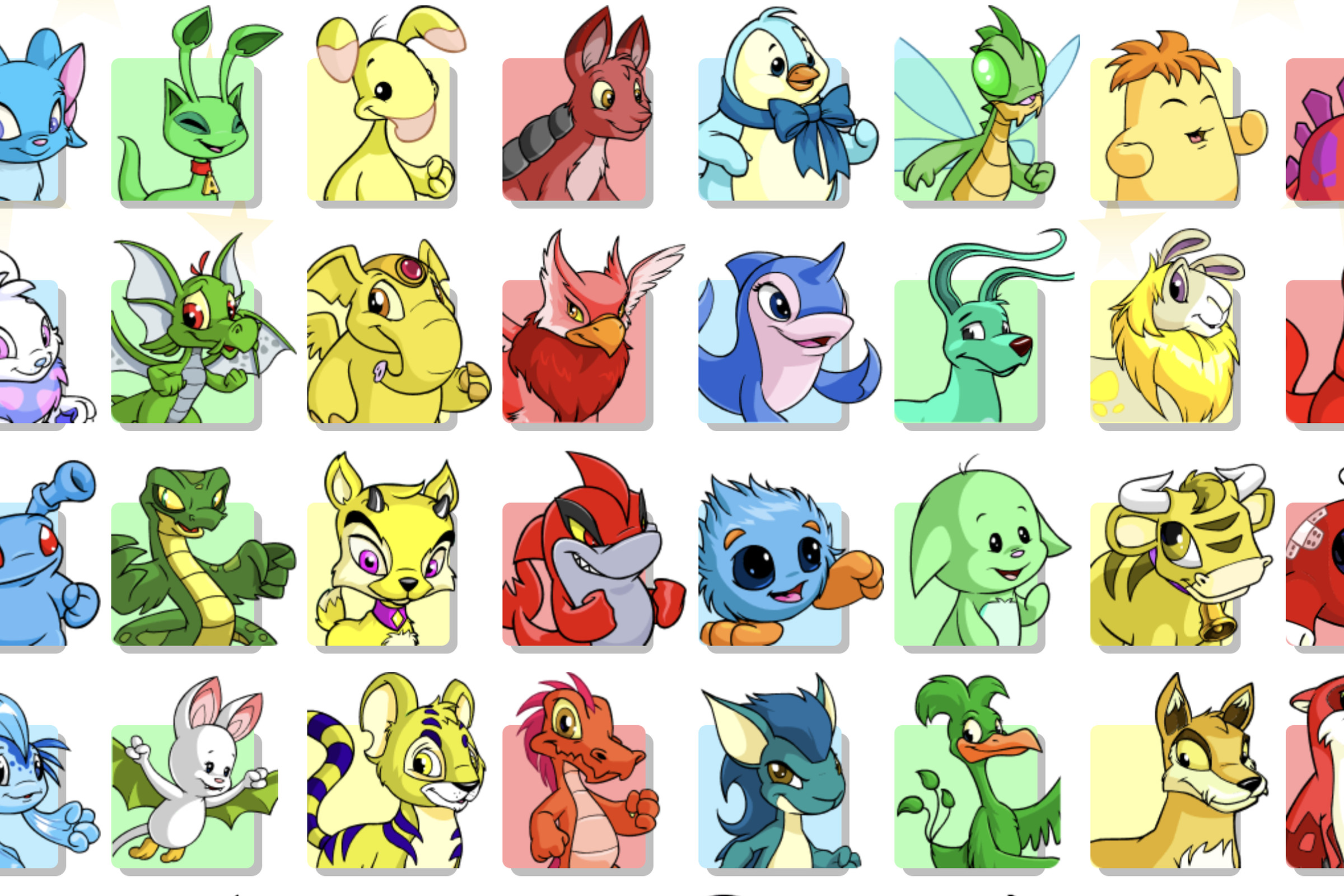 Pictures of many Neopets on the Neopets website.