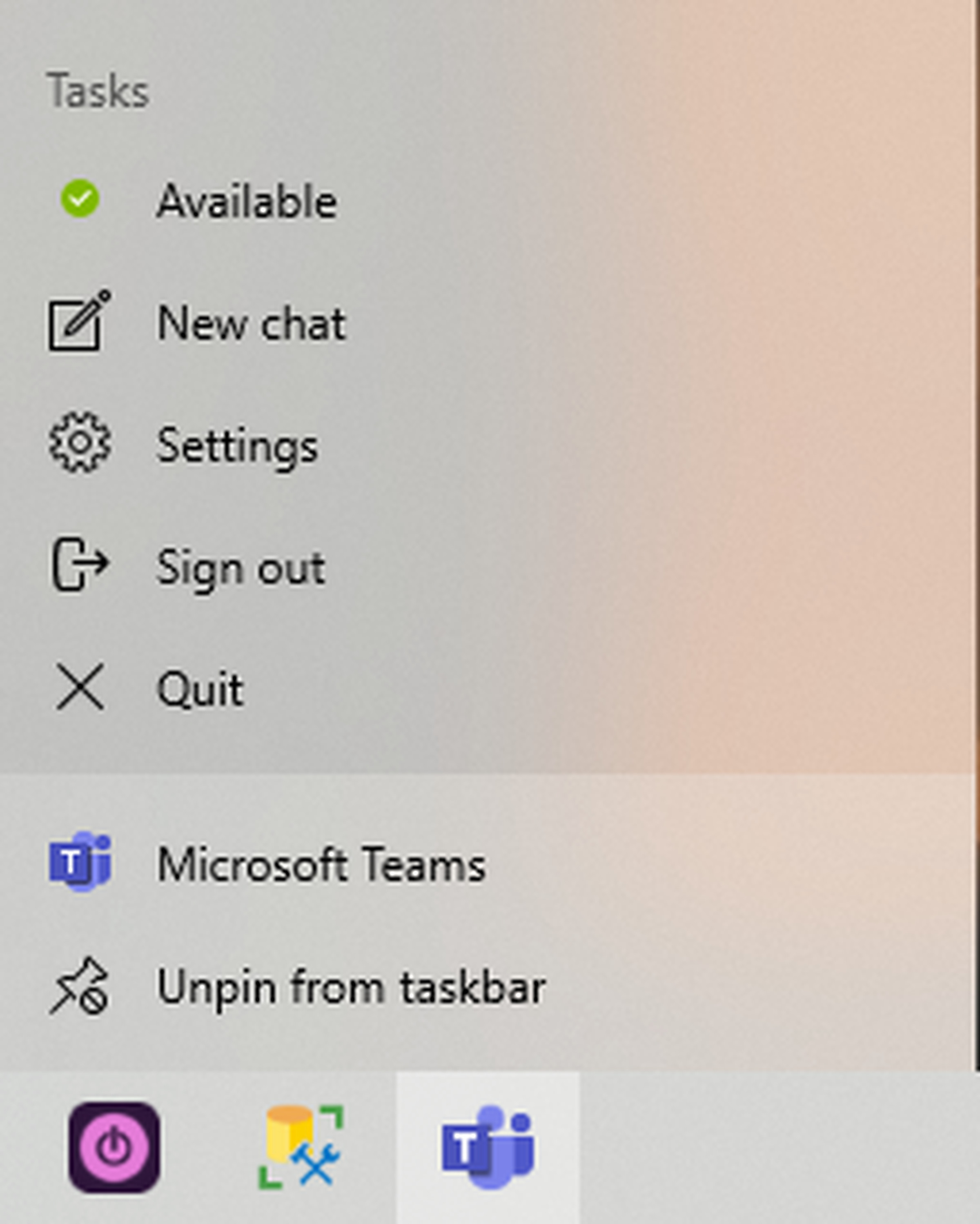 Right-clicking on the Teams taskbar icon in Windows 10.