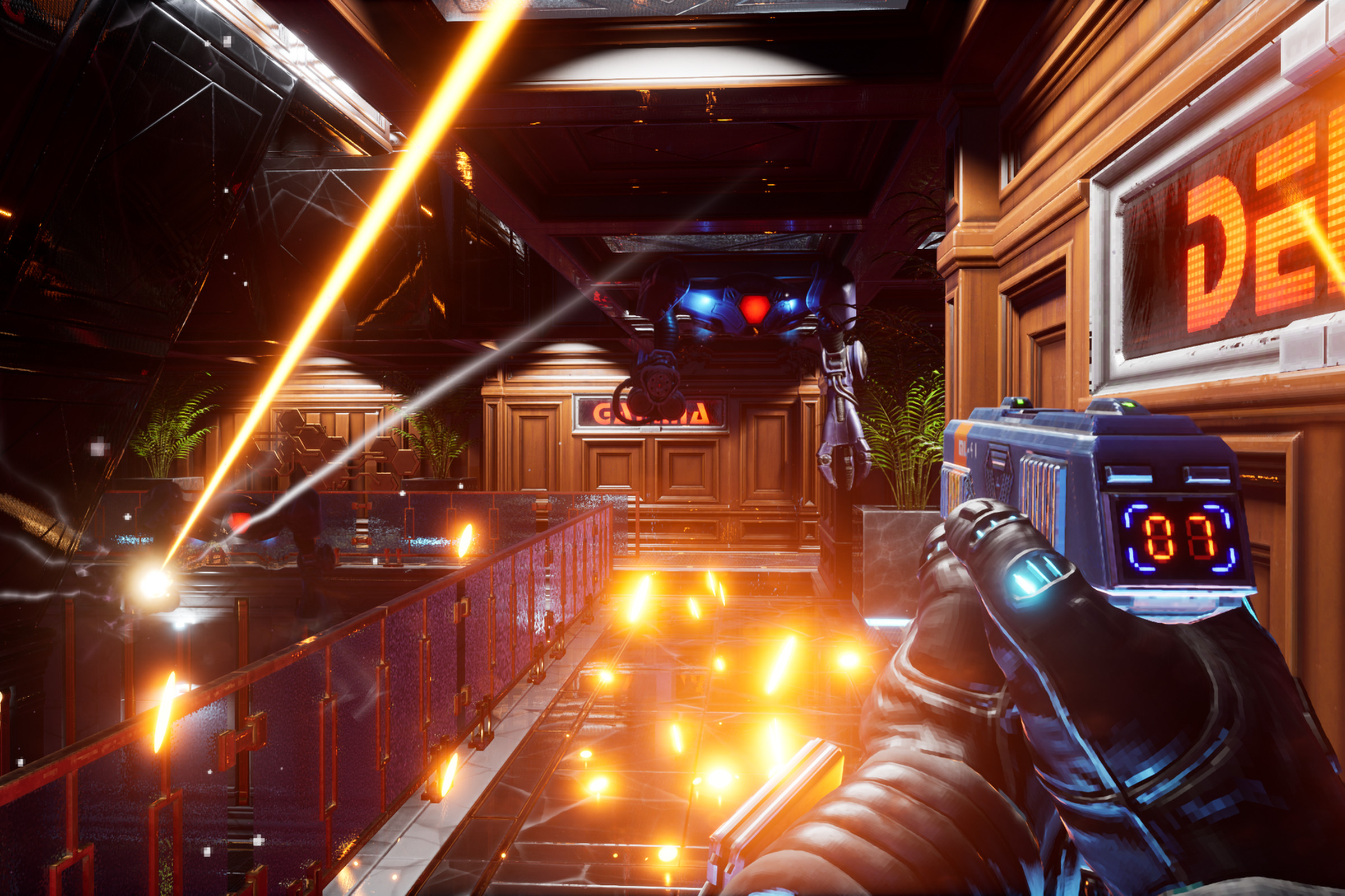 A first-person shooter screenshot of a hand holding a gun in a corridor filled with orange lights and particle effects.