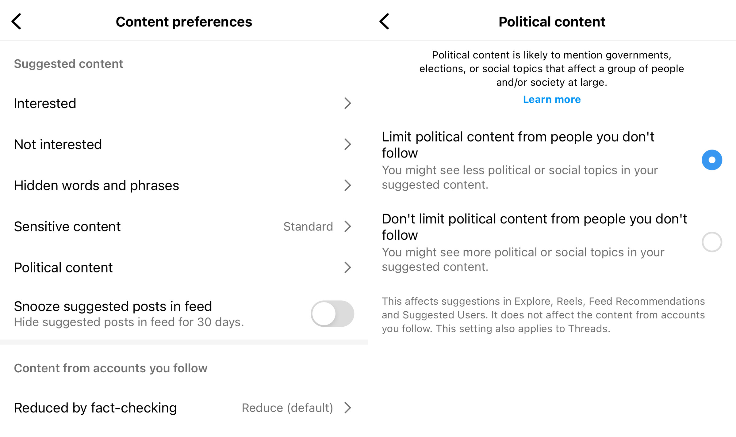 Screenshots of Meta’s setting for limiting the visibility of politics in the Instagram app.