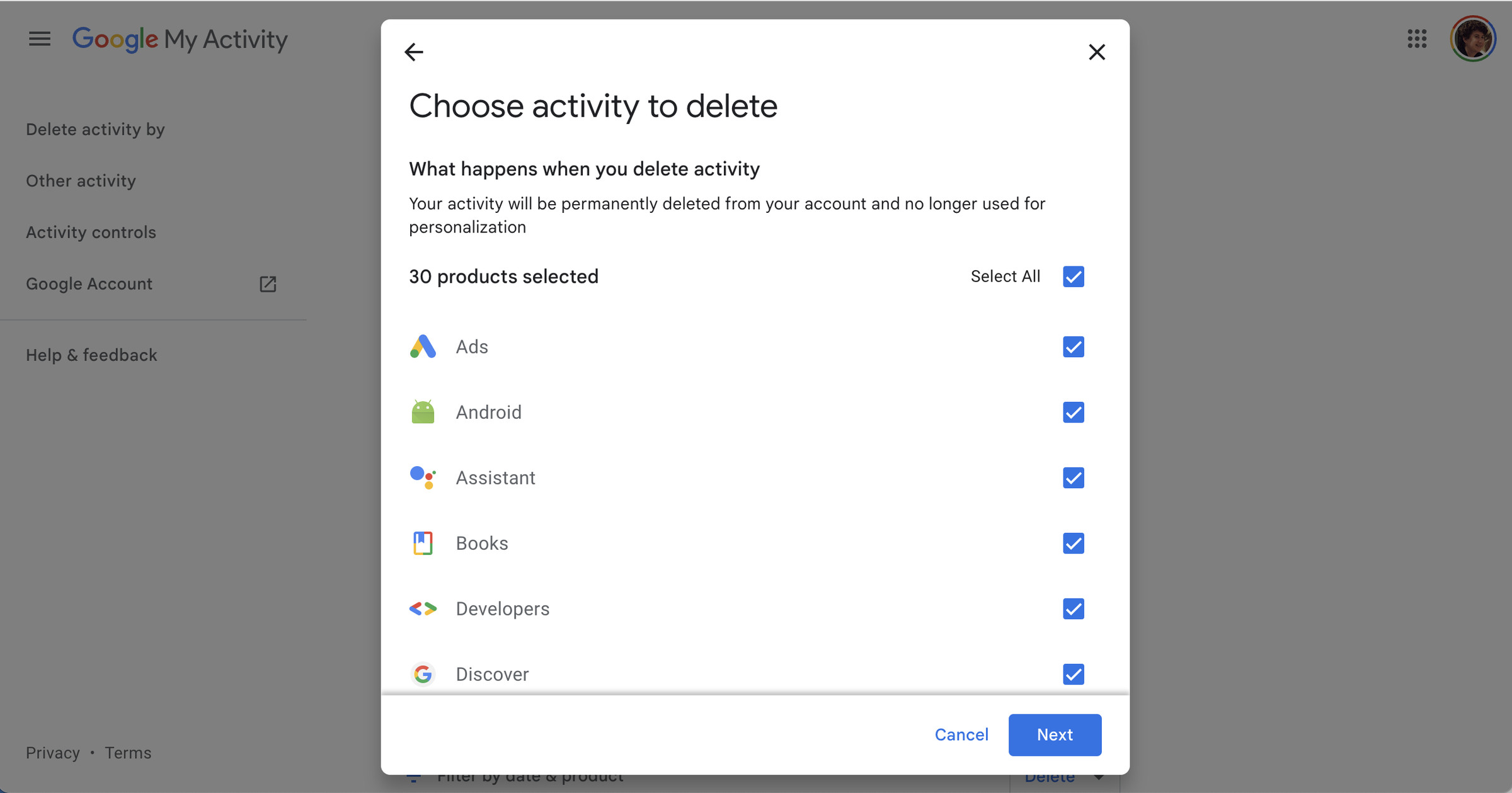 Pop-up box headed Choose activity to delete