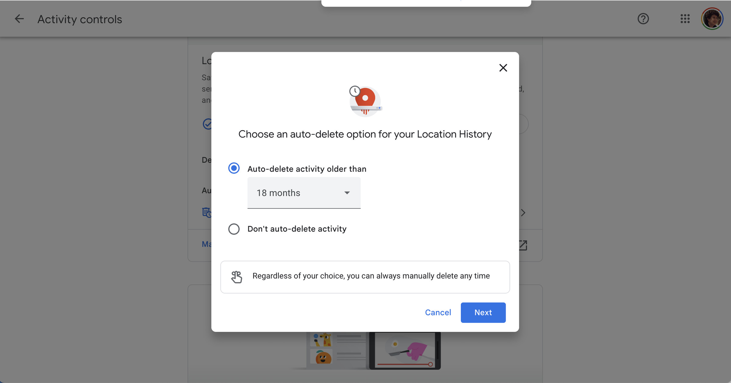 Pop-up headed “Choose an auot-delete option for your Location History.”