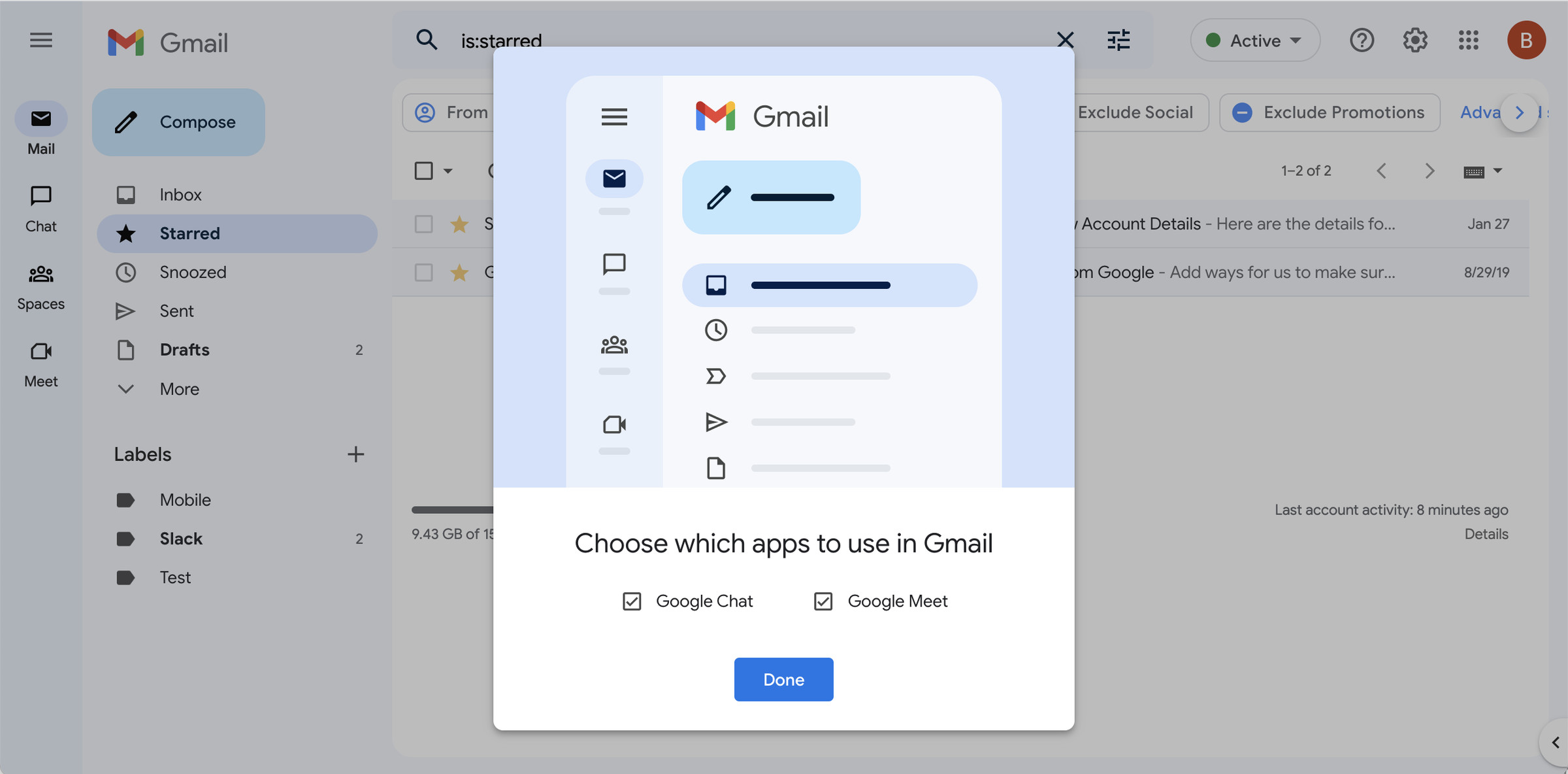 Popup for choosing which apps to use in Gmail