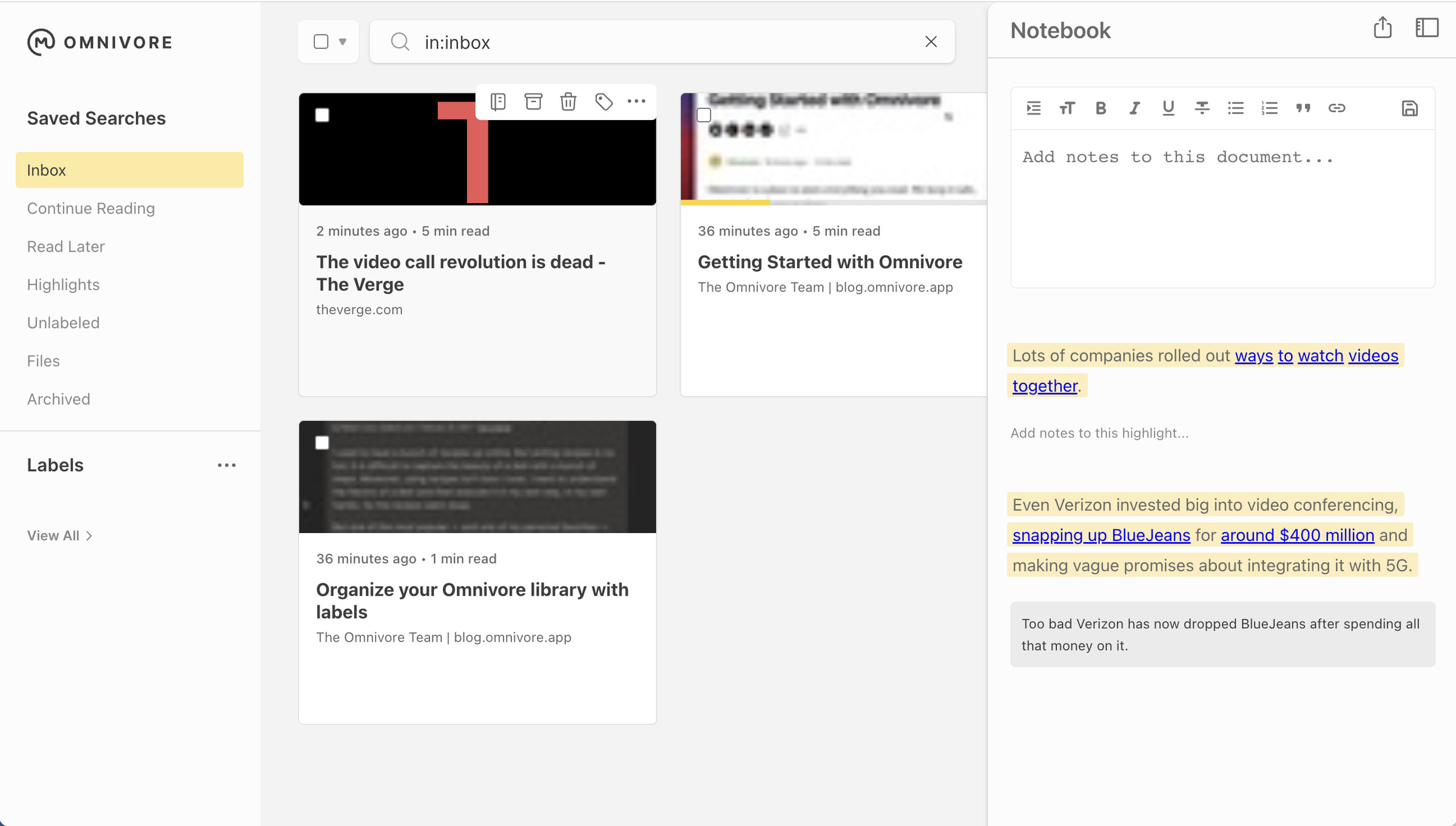 Omnivore page with column headed Saved Searches on left, three boxes showing articles in center and column headed Notebook with highlighted quotes on right.