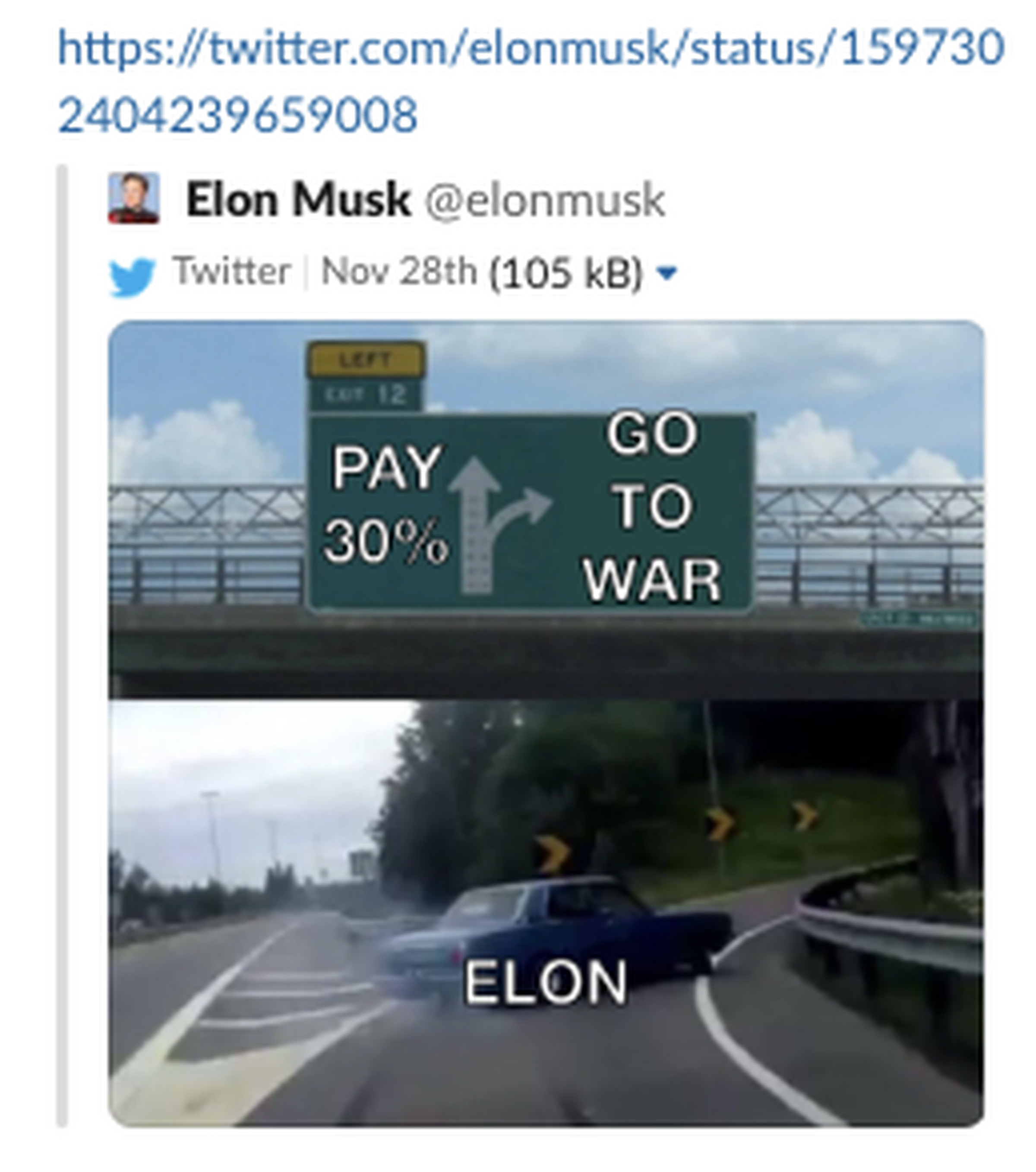 Elon Musk tarafından yayınlanan bir memenin ekran görüntüsü.