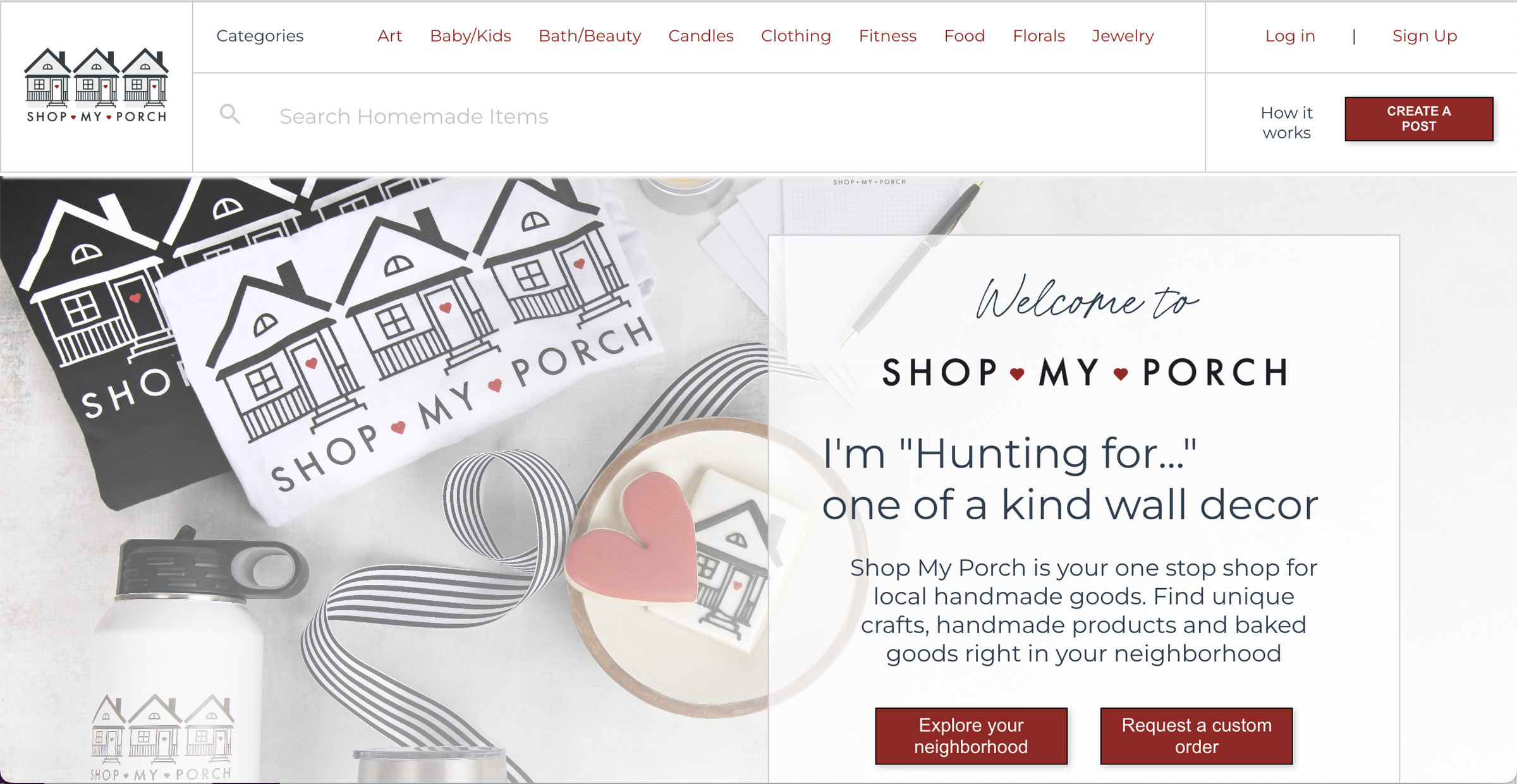 Web page with logo of three houses and the words “Welcome to Shop My Port, I’m hunting for...one of a kind wall decor” with a description of the site and buttons that say “Explore your neighborhood” and “Request a custom order.”