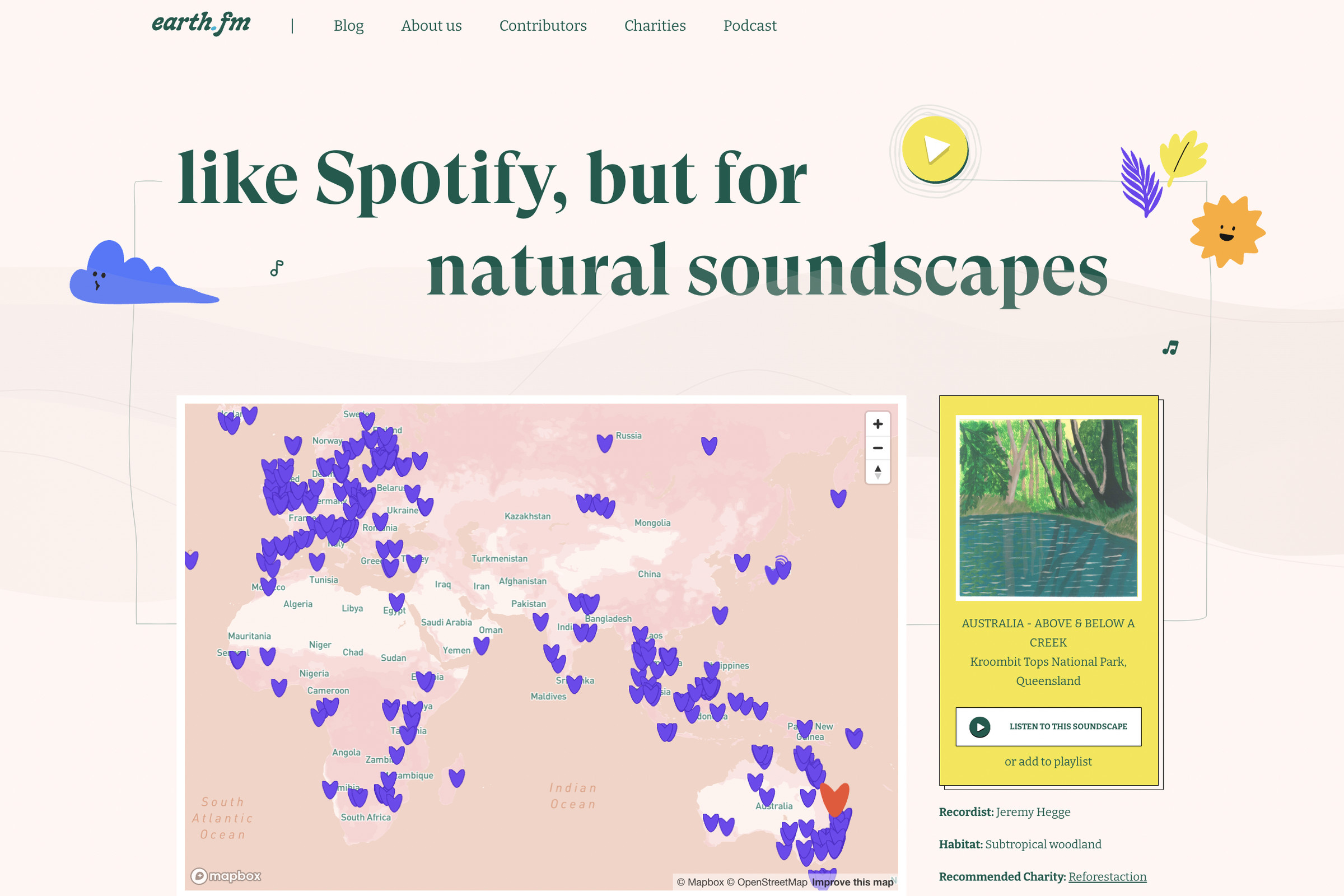 homepage to the website earth dot fm featuring a map with locations for soundscapes and a play button to the right of the map