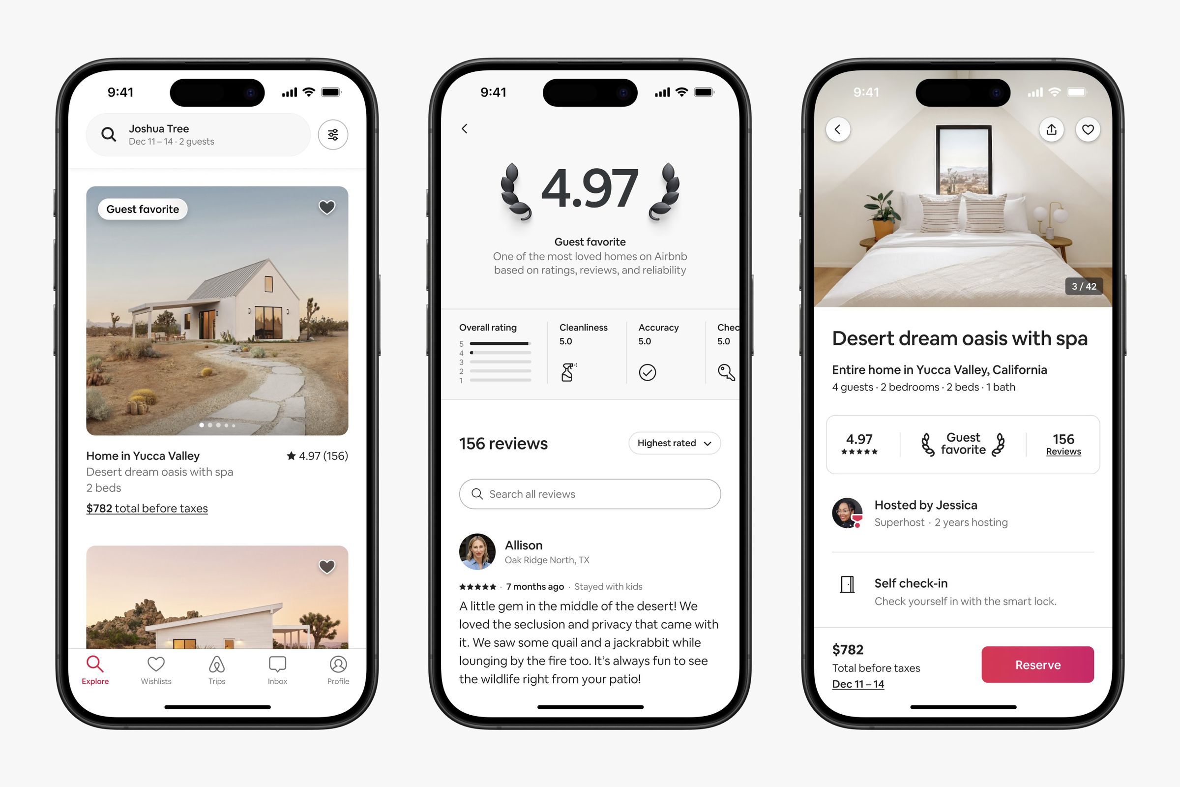 three phone screenshots of the airbnb app with guest favorites listings in search, a score of 4.97 with film festival style wreath around it.