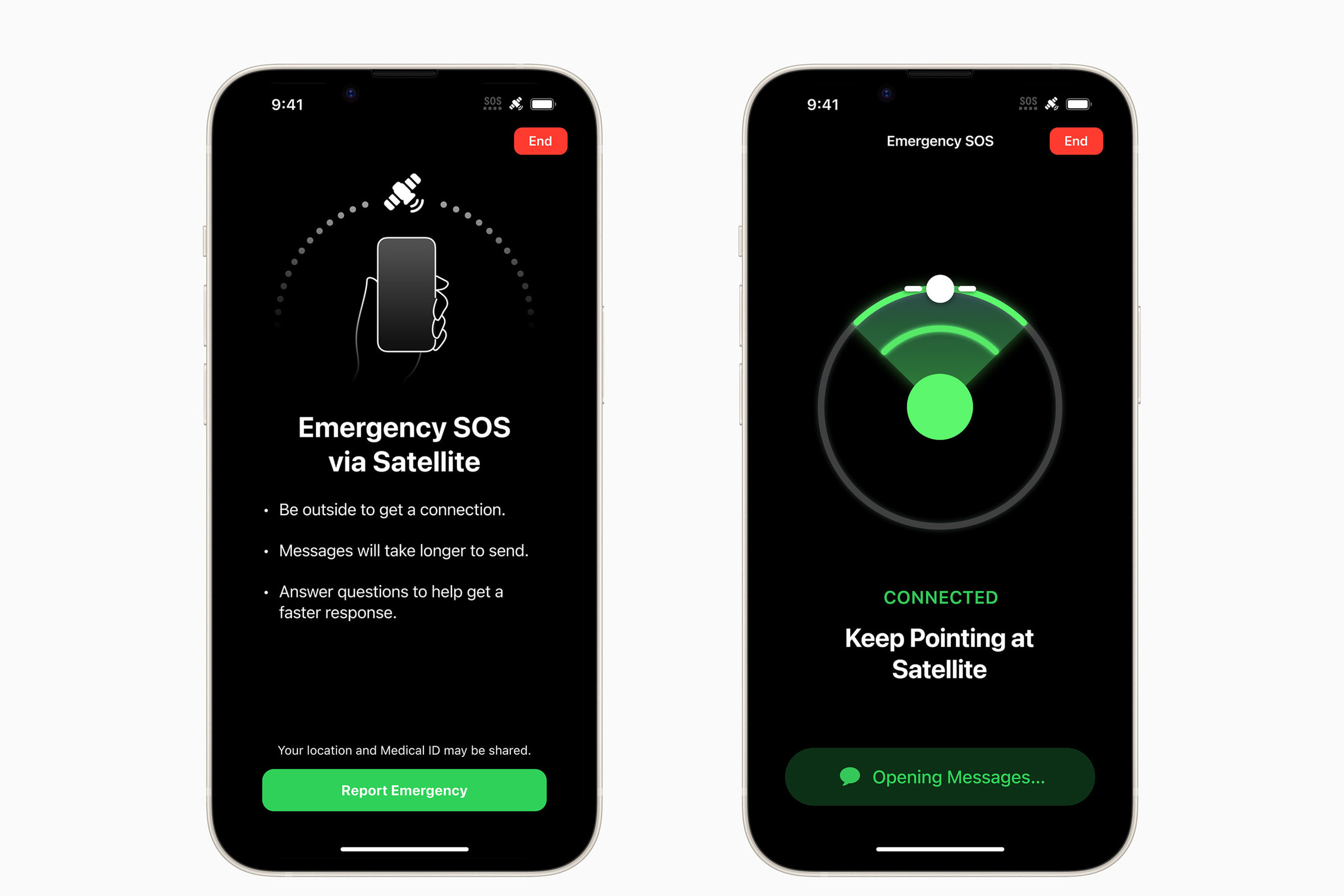 Two screenshots of Apple’s Emergency SOS via satellite feature, one of which explains the feature and another that shows the phone trying to locate a satellite.