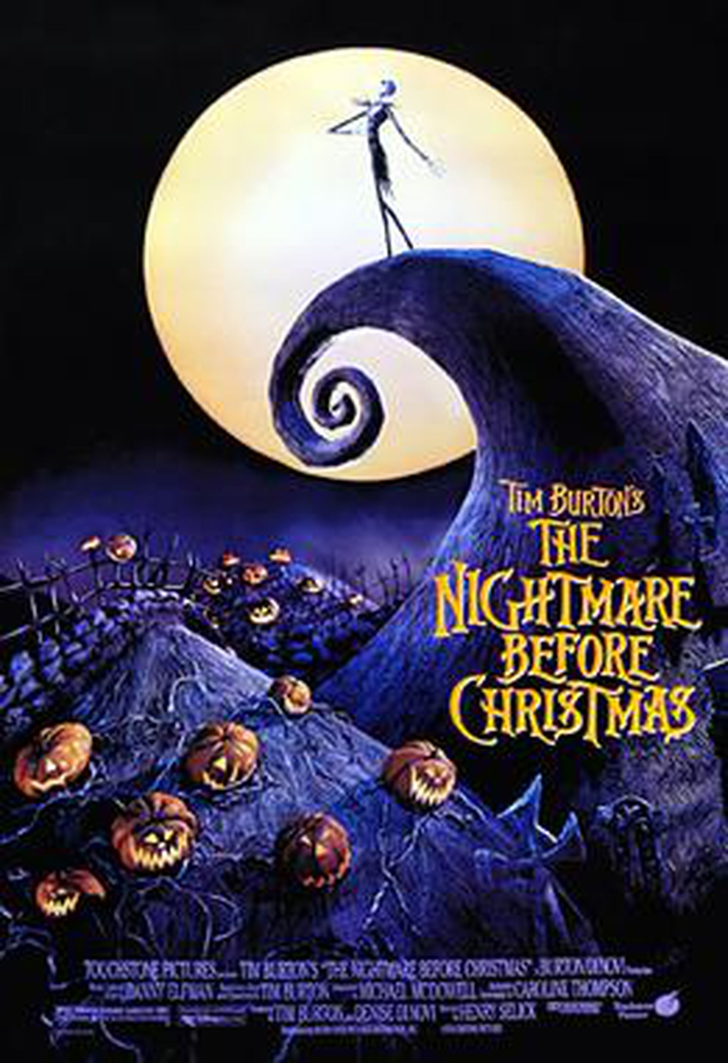 Poster for The Nightmare Before Christmas with a figure on a cliff before a full moon and a field of jack-o-lanterns
