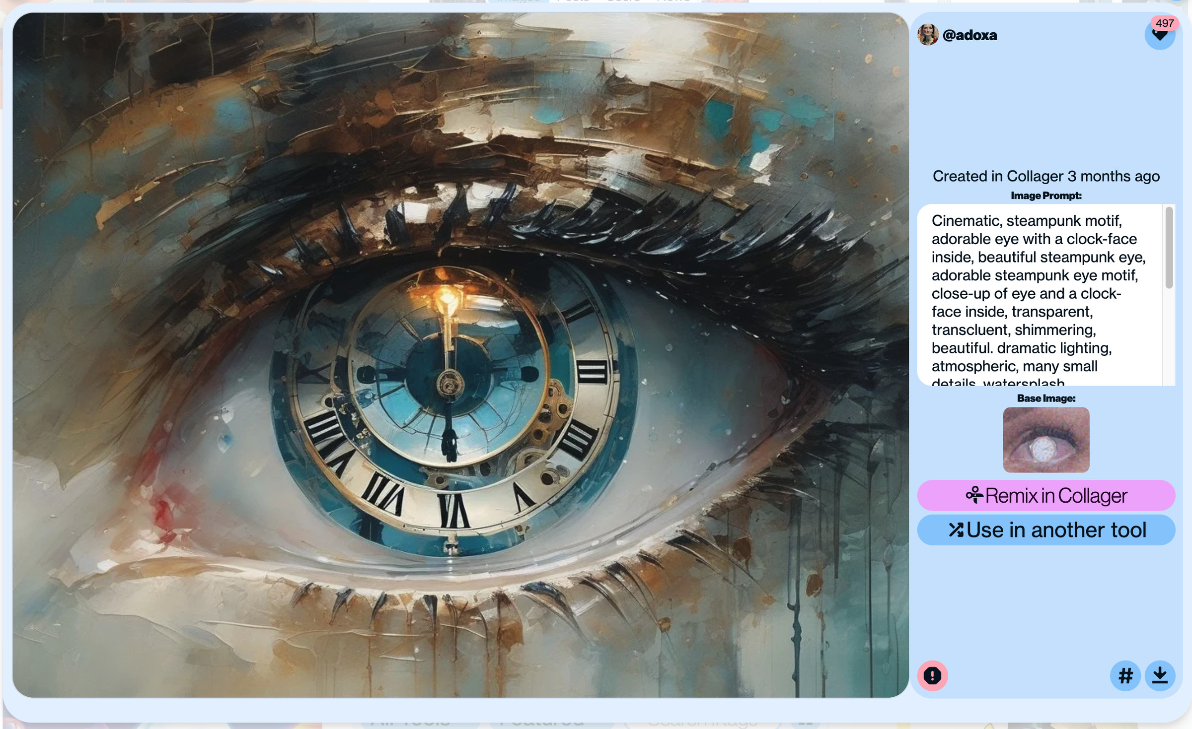 An artistic image of an eye with a sundial in the center, with prompt instructions and the Artbreeder interface