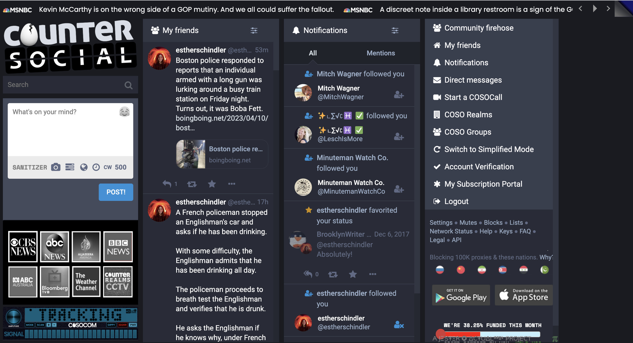 CounterSocial main page, with a place to type posts on the left, over buttons for various media feeds, two columns of text labeled My Friends, Notifications, and a list of topics and features such as Community firehose and Notifications.