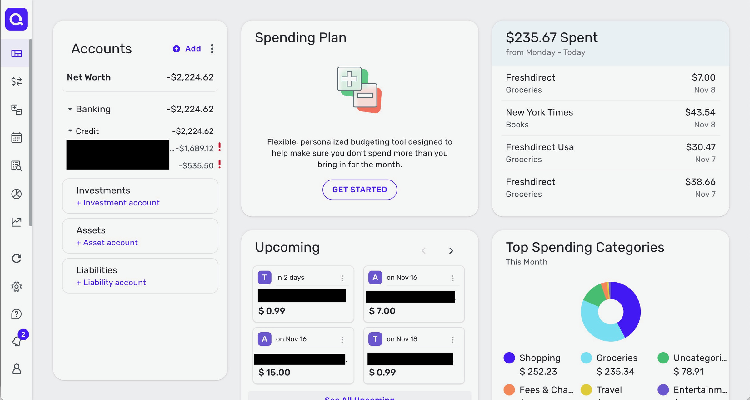 Quicken Simplifi dashboard showing accounts, a spending plan, upcoming expenses, $235.67 spent, and top spending categories.