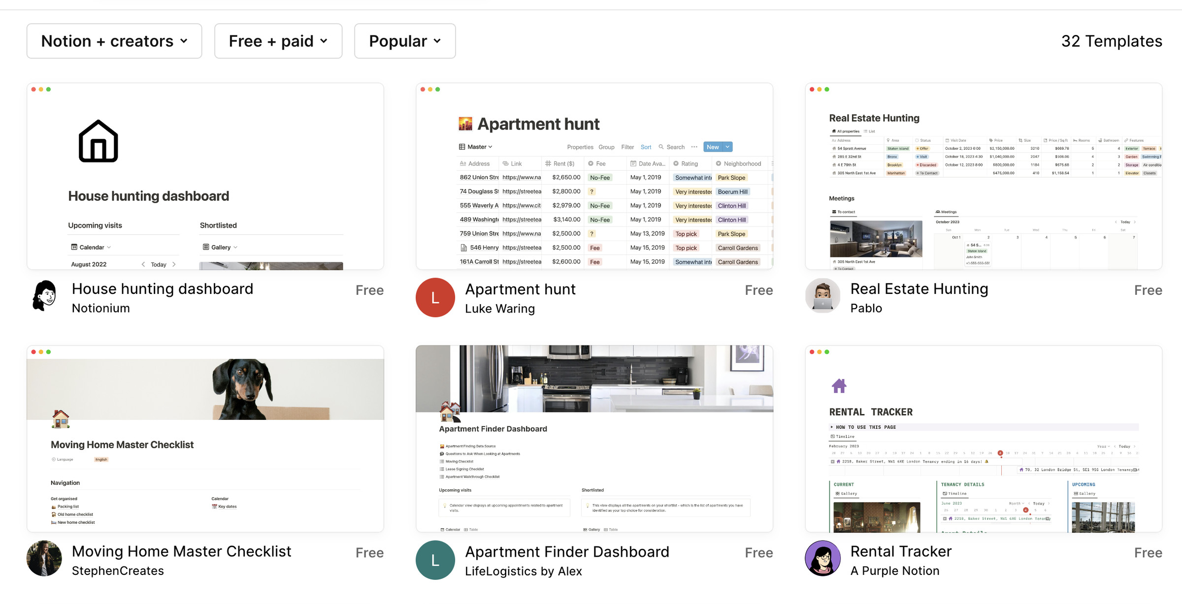 A screenshot of Notion’s collection of premade templates for house hunting.